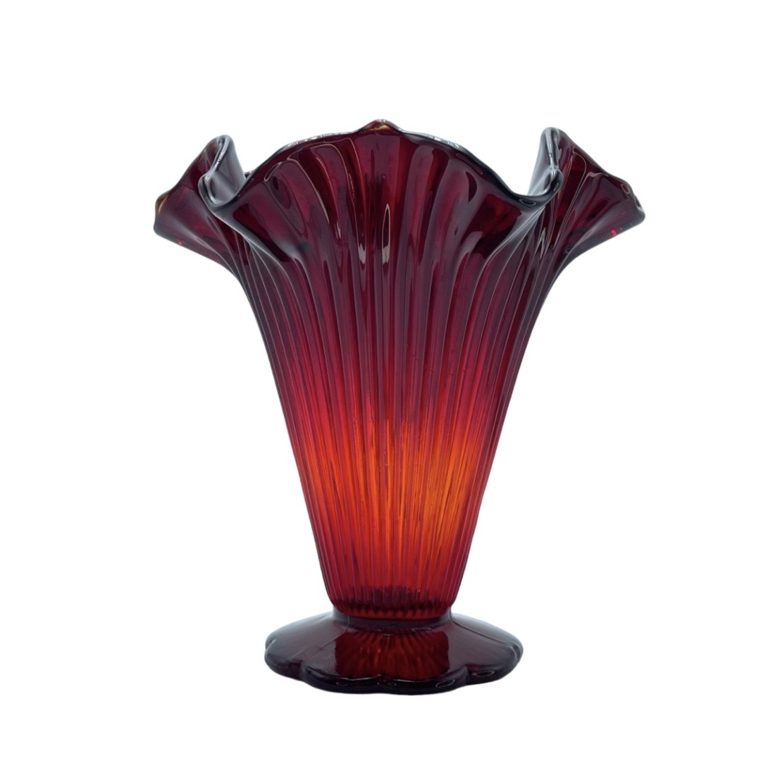 Fenton Ruby Red Amberina Sheffield Flared Glass Vase Glows