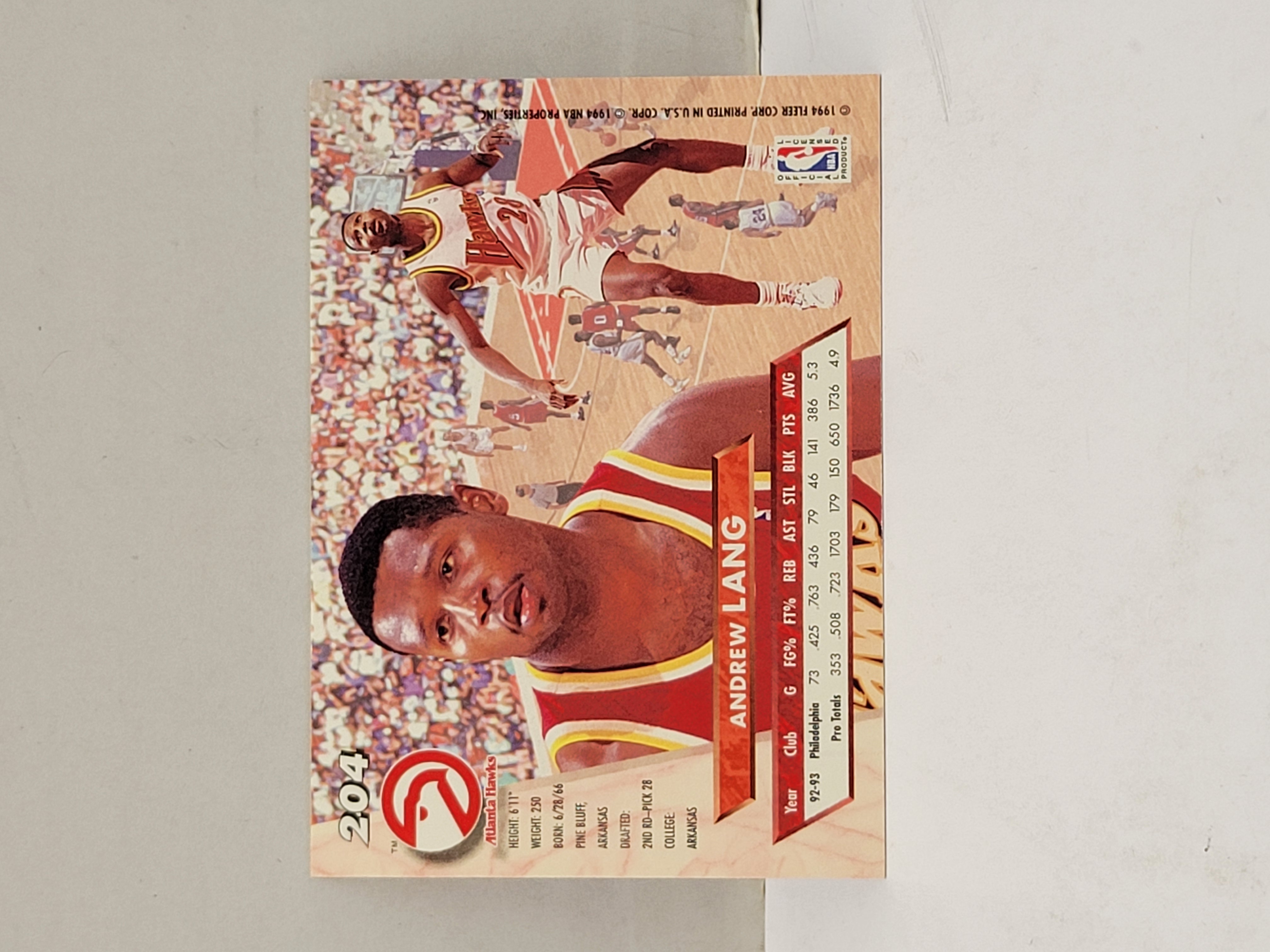1993-94 Fleer Ultra Andrew Lang Atlanta Hawks #204 Arkansas Razorbacks