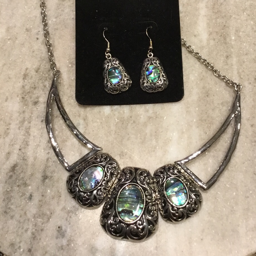 Parure De Bijoux Argent Et Verre Noir - Collier + Boucles D'oreilles - Élégance Intemporelle