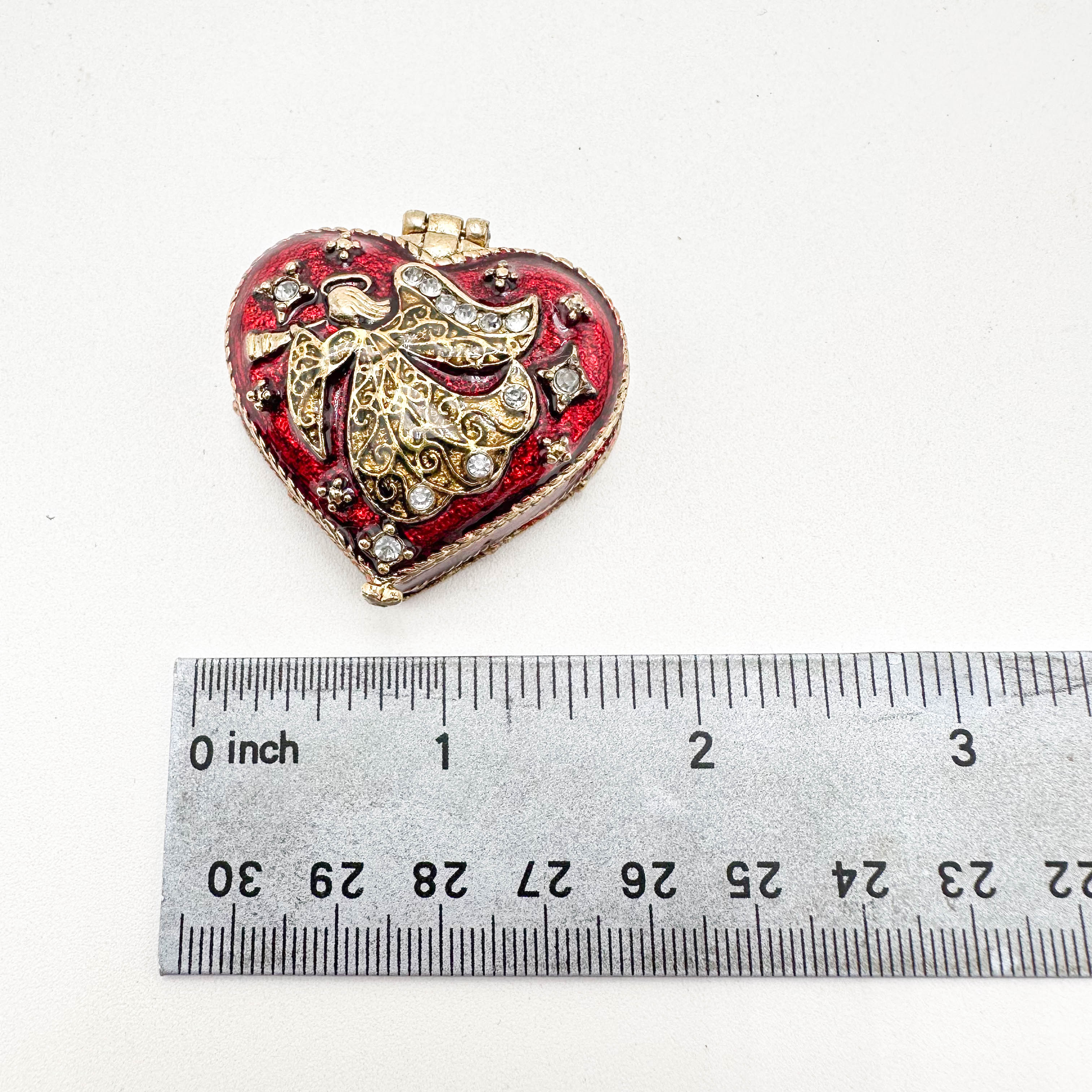 Monet Heart Angel Trinket Box Red Green Enamel Rhinestone Accent
