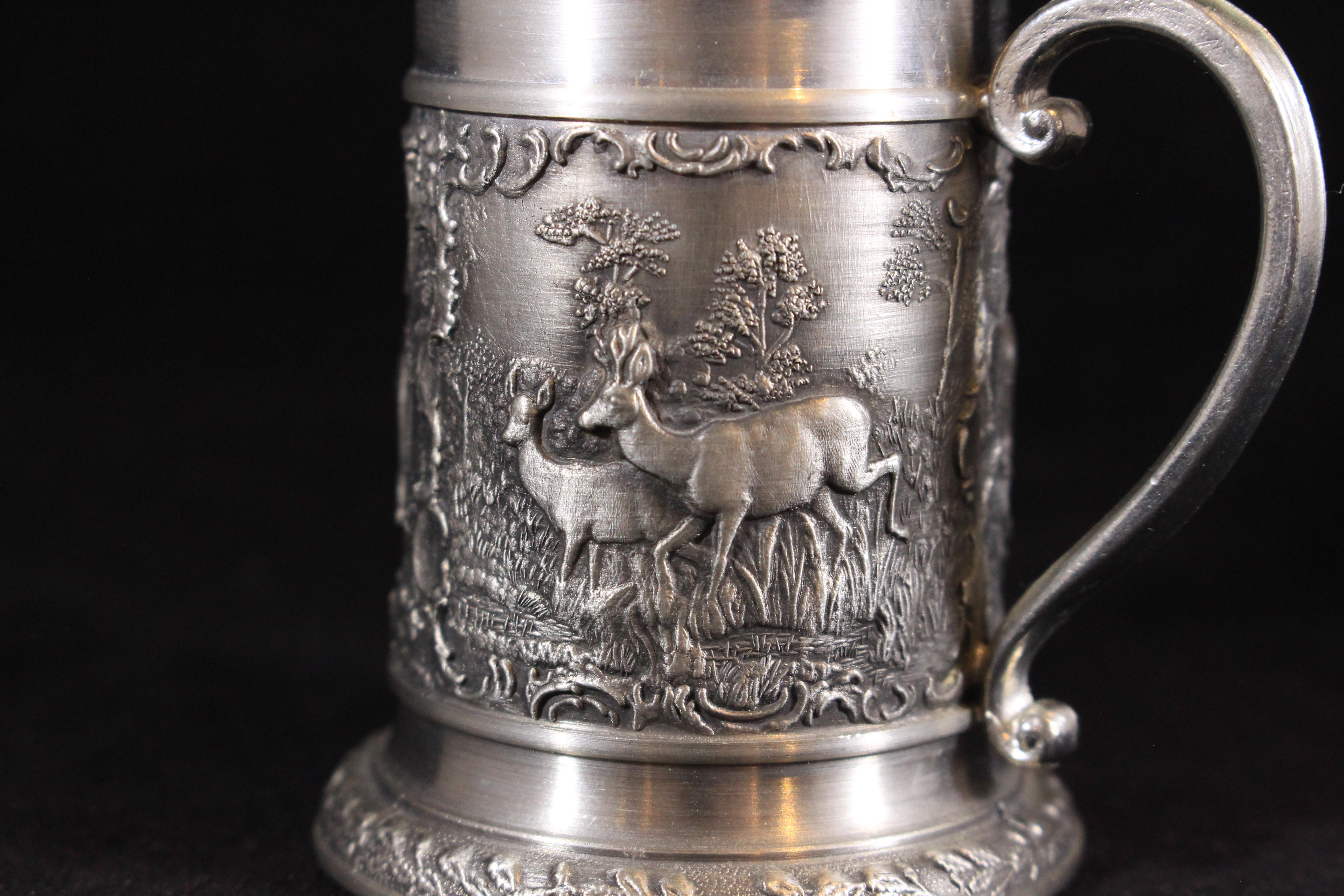 SKS ZINN 95% Germany Pewter Mug Beer Stein - Hunting Scene (Deer