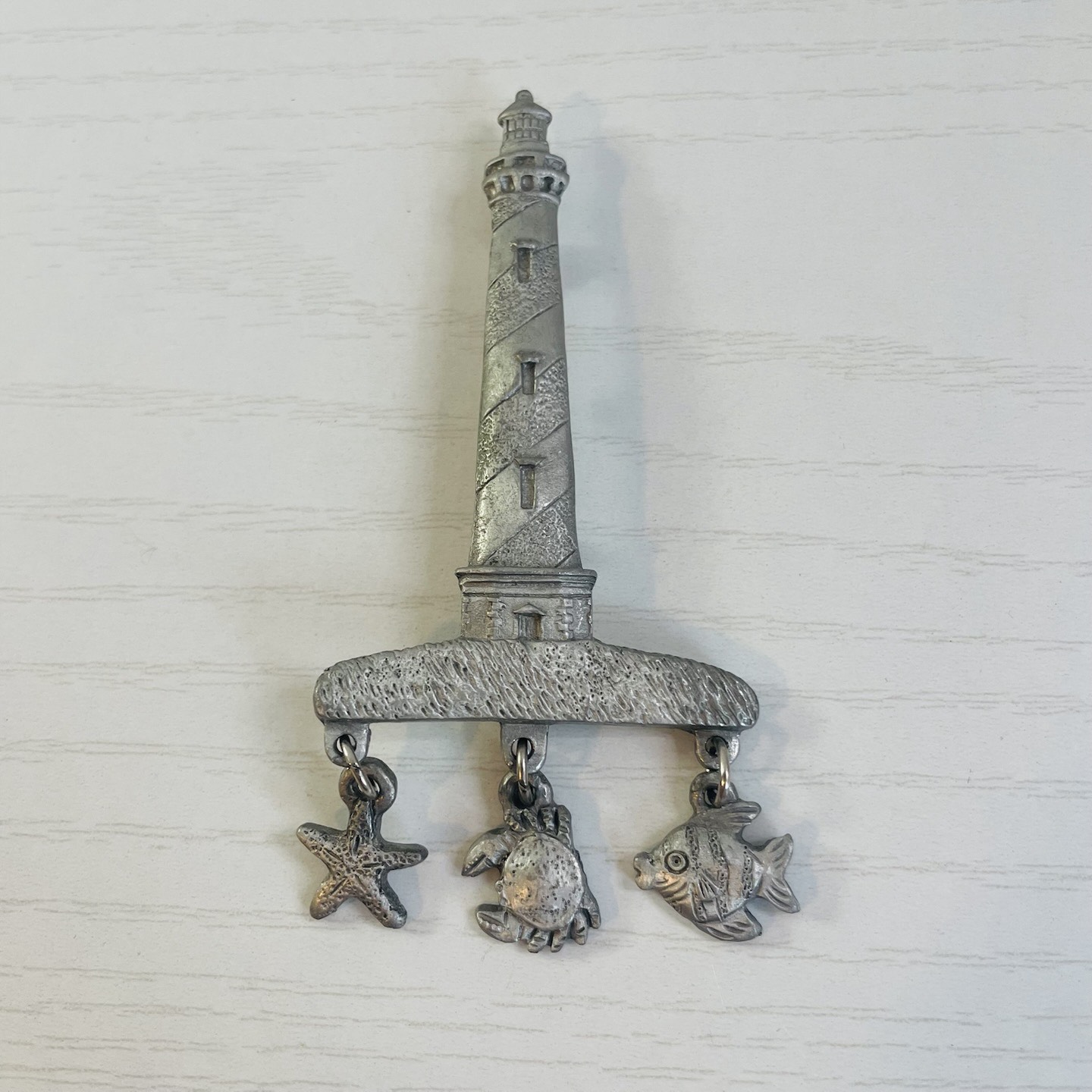 Spoontiques Pewter Lighthouse Brooch Pin w/ Fish, Crab, Starfish Charms 3”