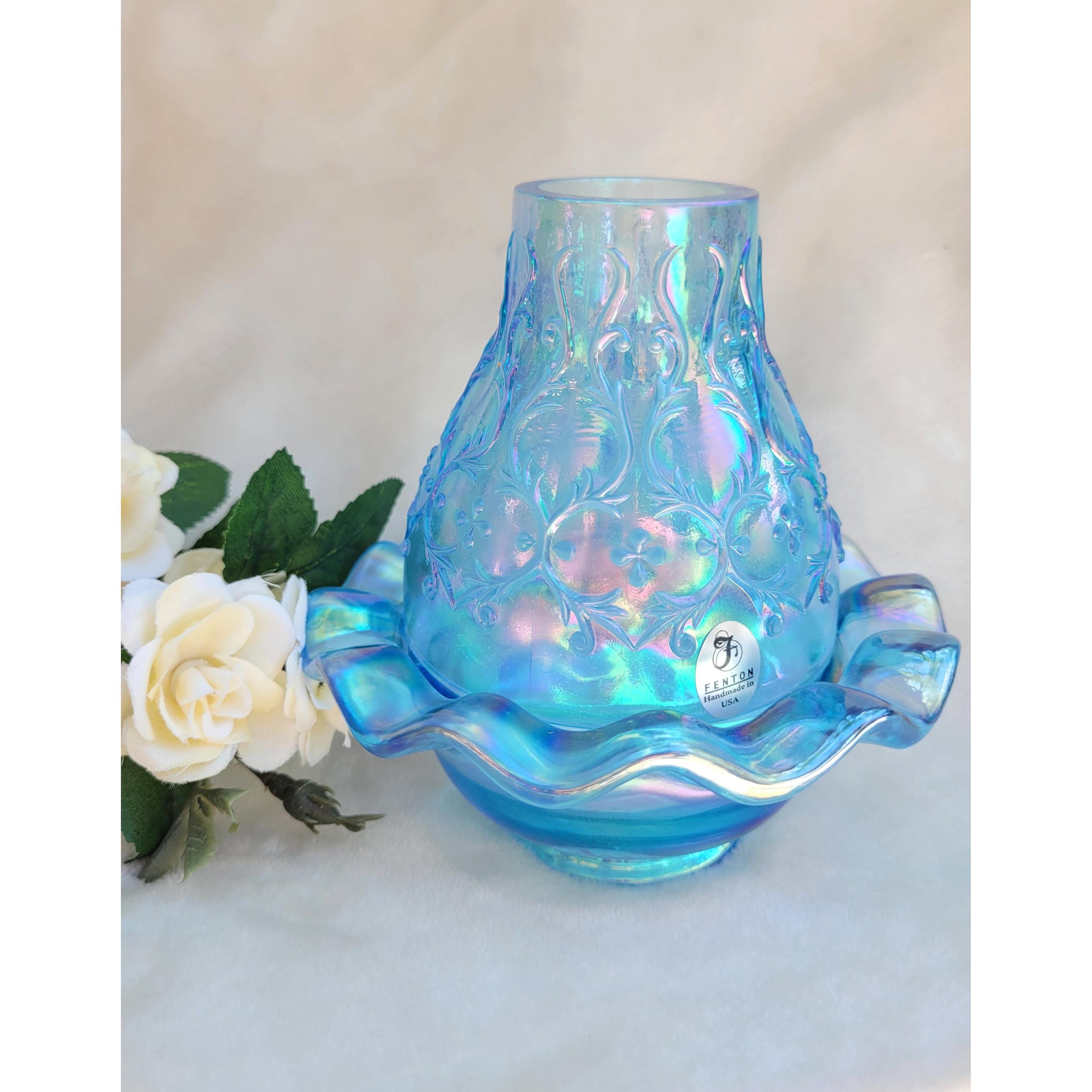 Vtg Fenton Blue Carnival Glass Iridescent Spanish Lace Ruffle