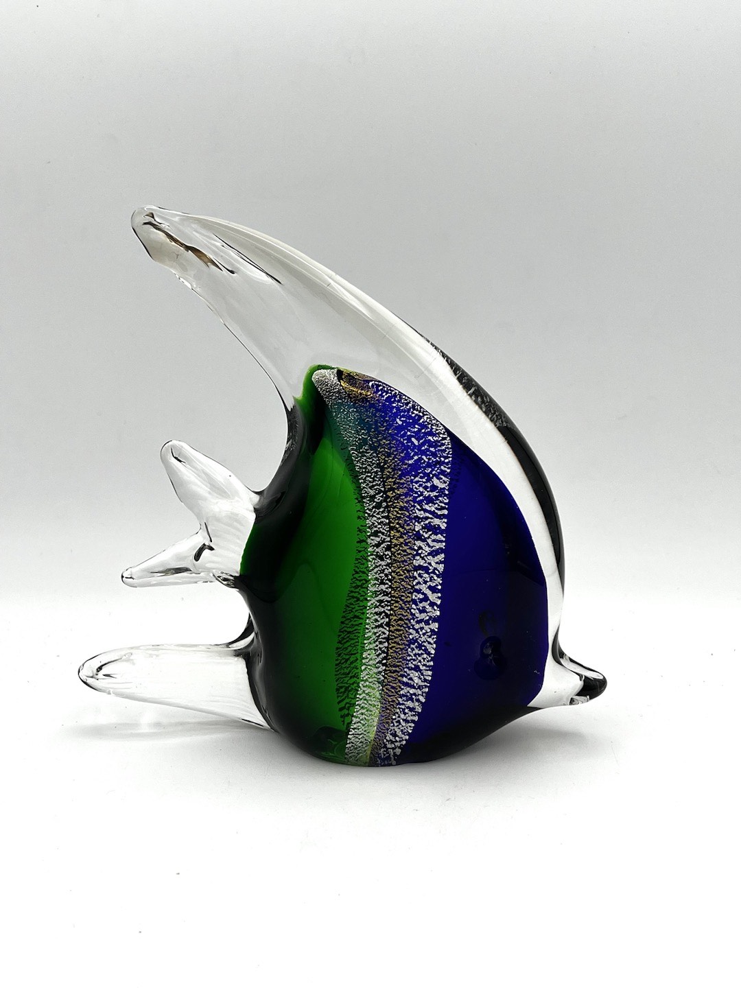 Stunning Glass Blue And Green Angel Fish With Silver And Gold Speckles