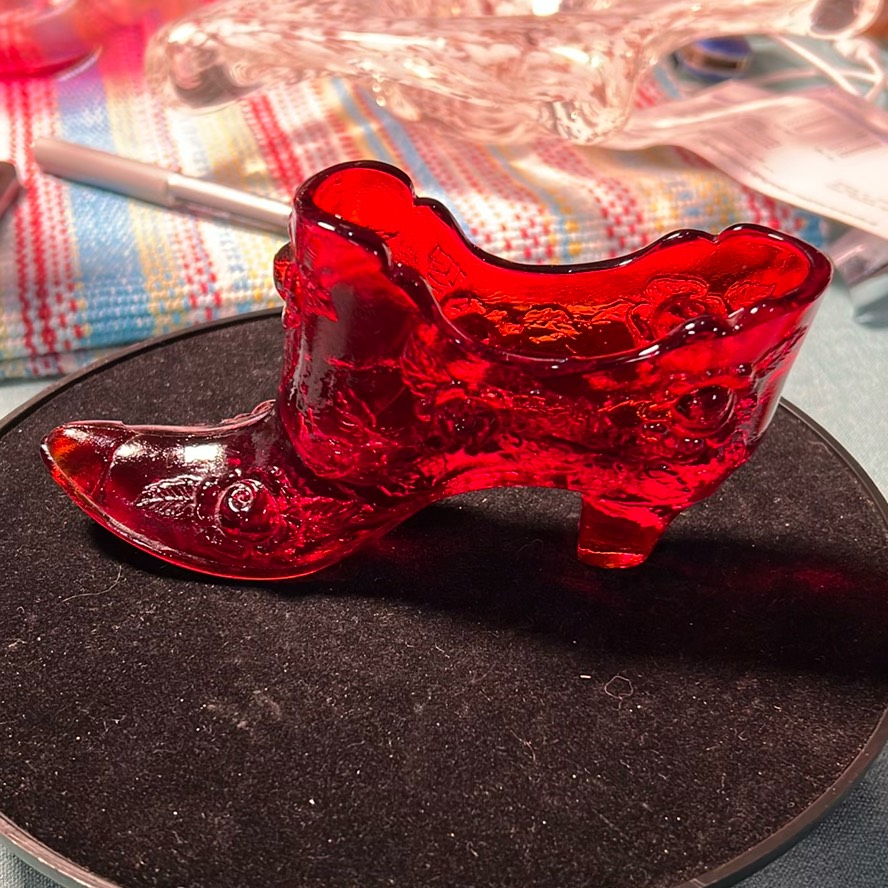 Fenton Ruby Red Glass Shoe Slipper Boot with Roses GLOWY