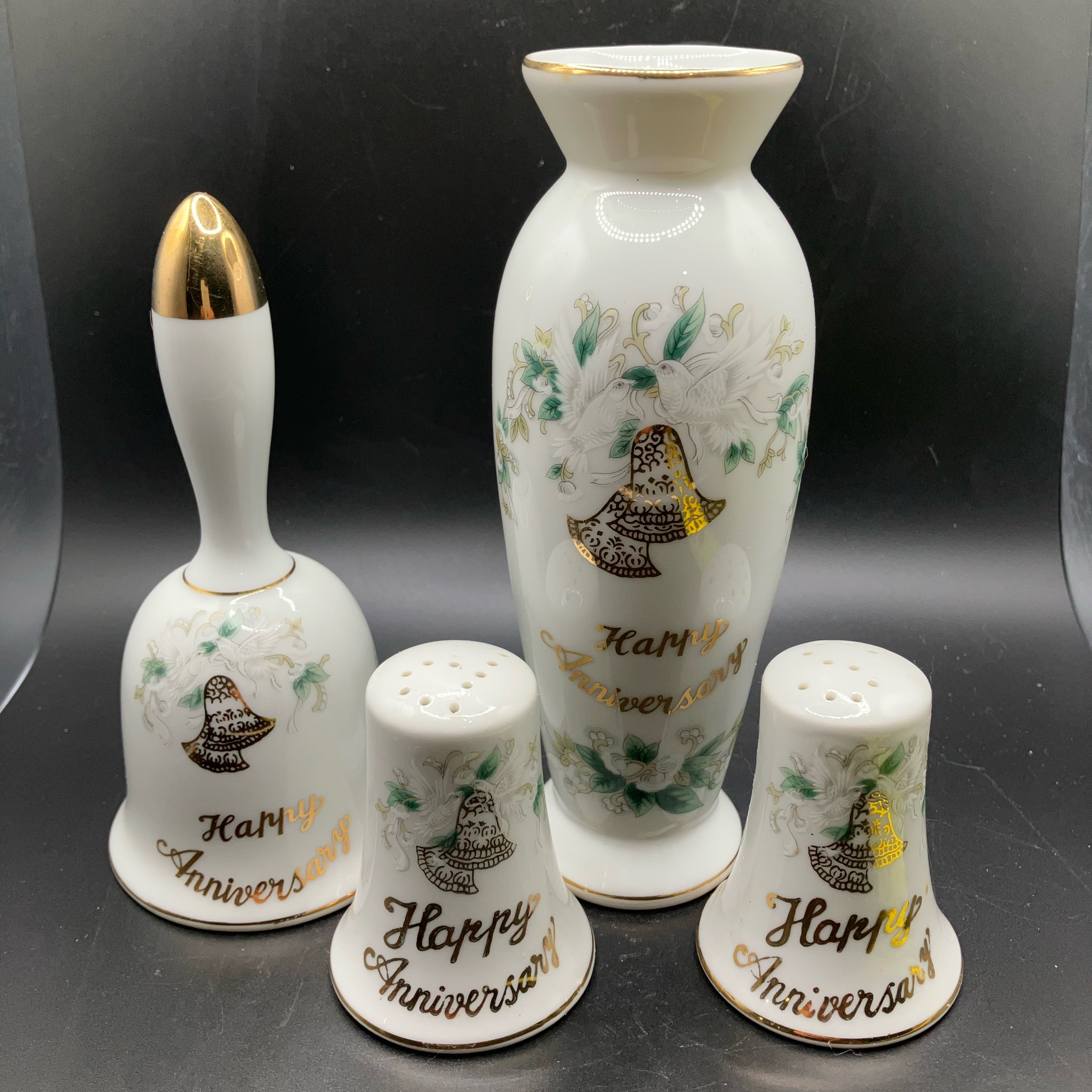 Lefton Anniversary Set: Vase, Bell, and Salt/Pepper Shaker Set With ...