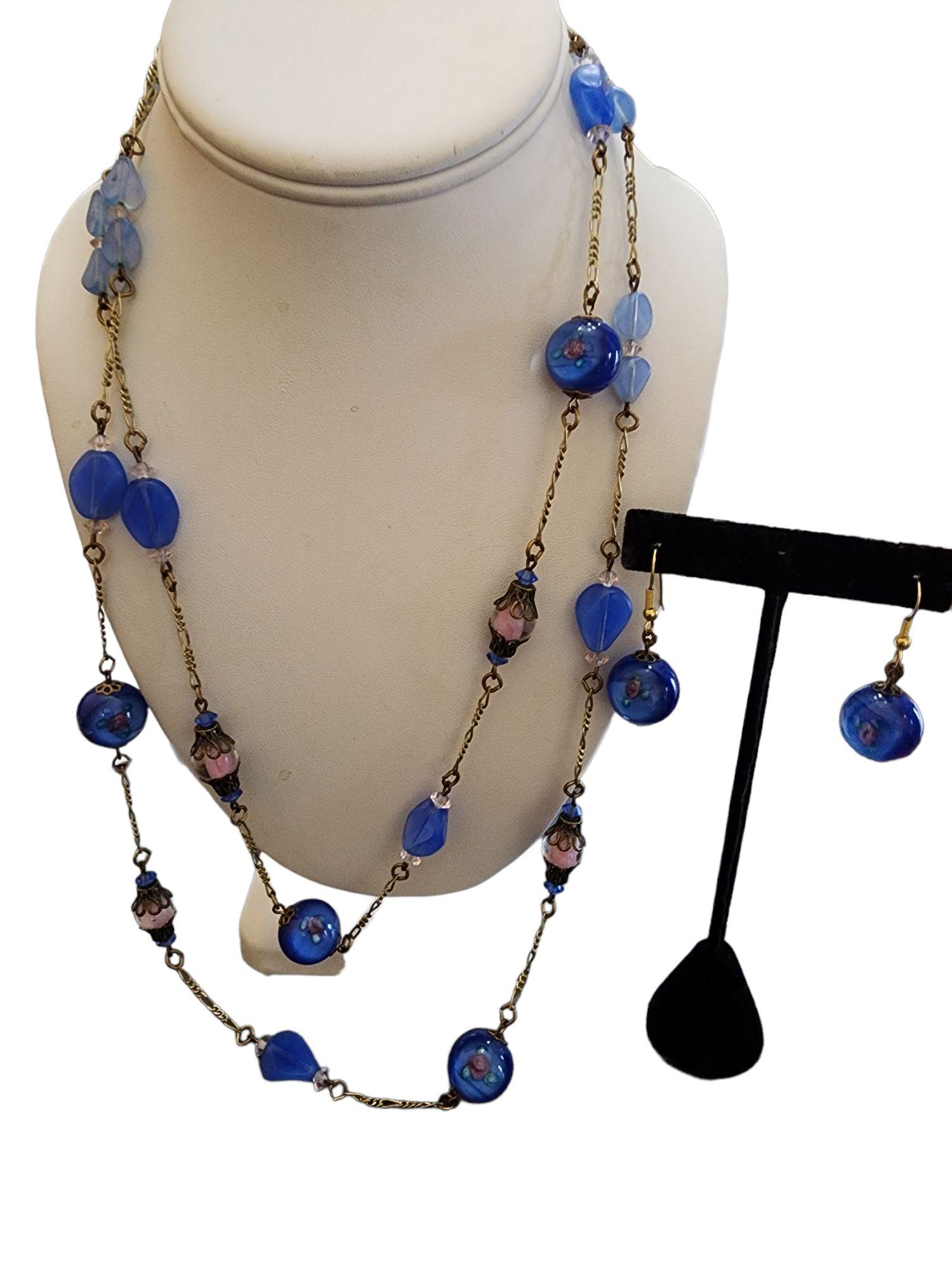 Parure De Bijoux Vintage Perles De Verre Bleues - Collier Et Boucles D'oreilles