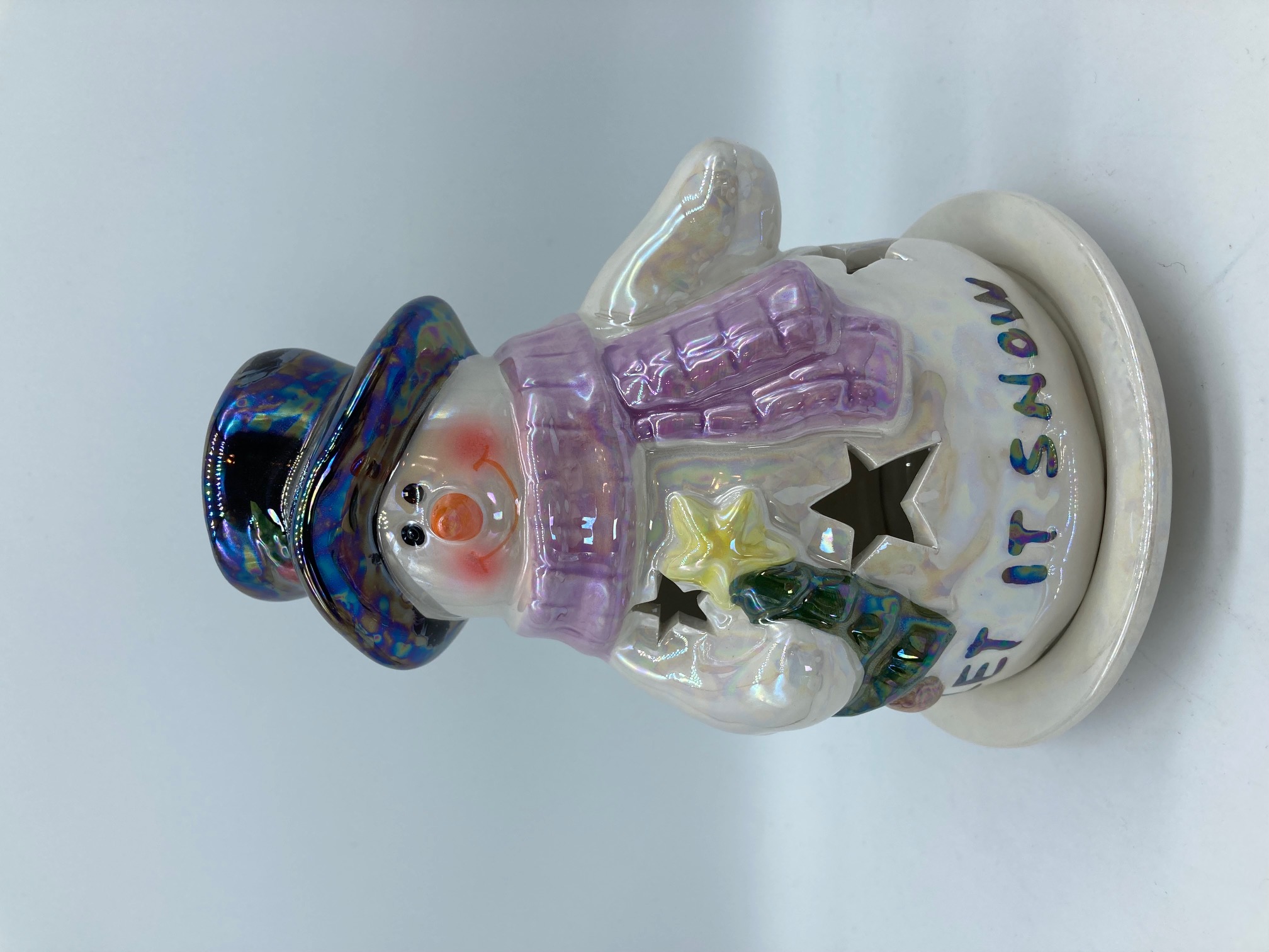 Iridescent Glazed Ceramic Snowman, 'Let it Snow'