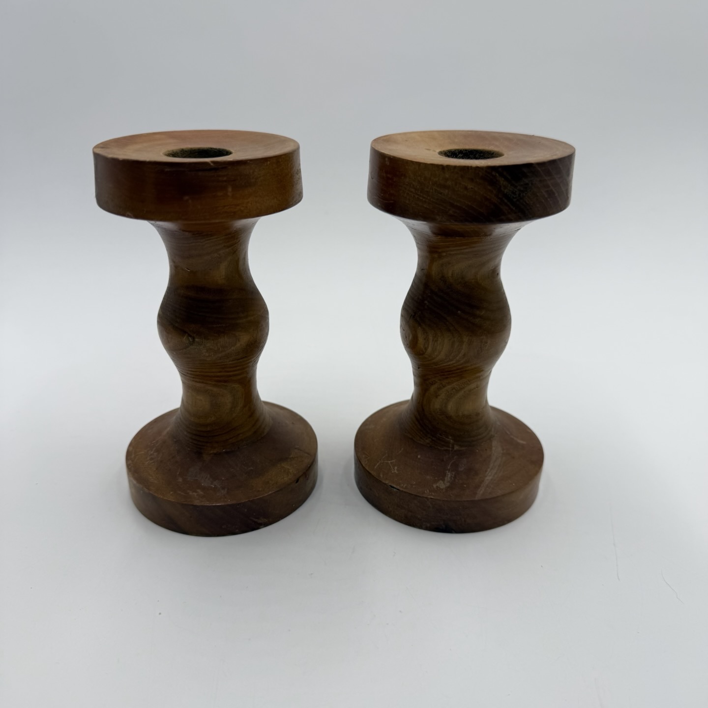 Vintage Pair Hand Turned Wood Taler Candlestick Holders MCM Rustic ...