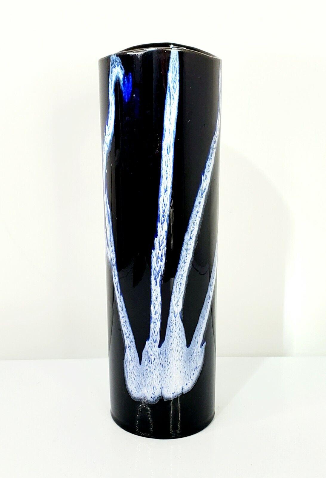 A tall, striking Blue Mountain Pottery vase in the vibrant Cobalt Blue Granite Drip glaze, featuring electric blue highlights.