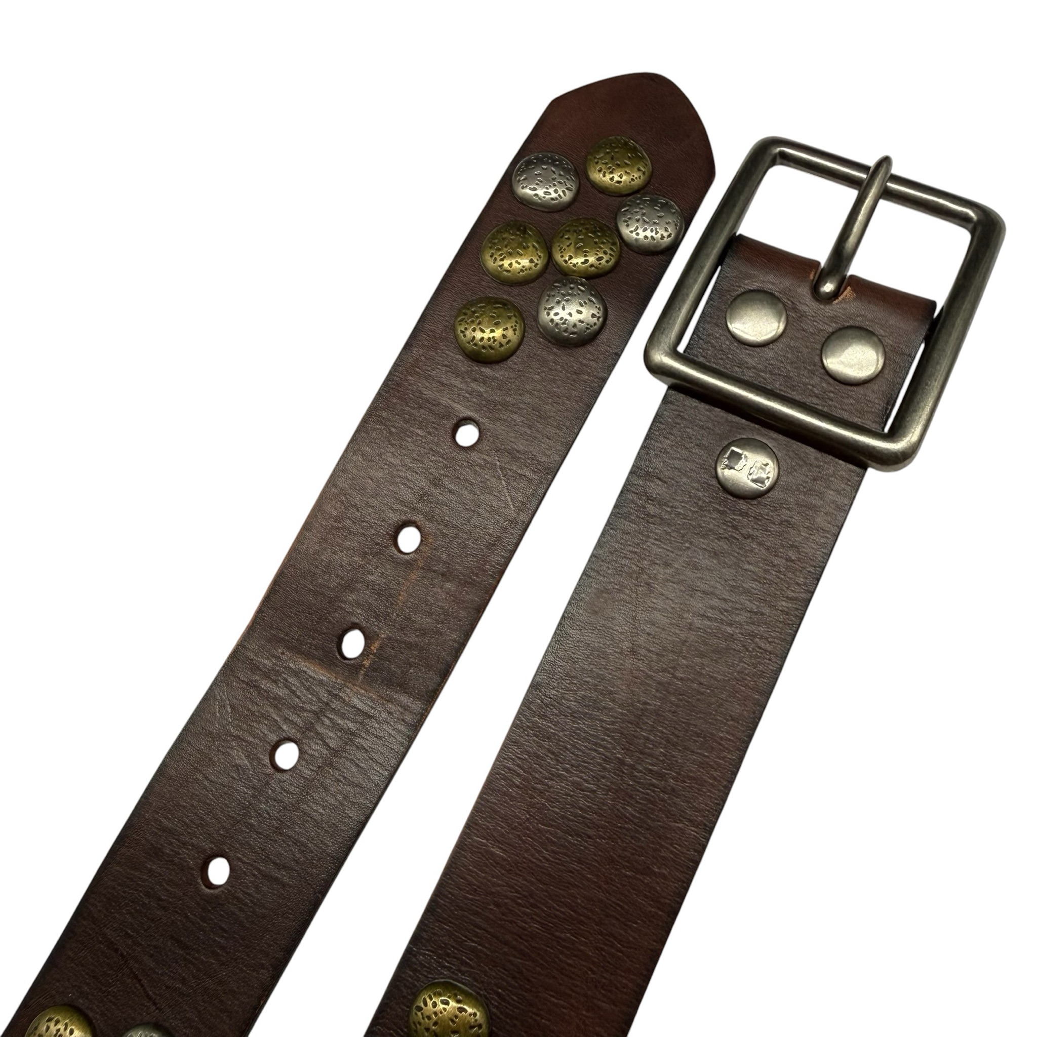 bed stu HEWITT Leather Studded Belt Brown Silver Gold Rivets  display picture 2