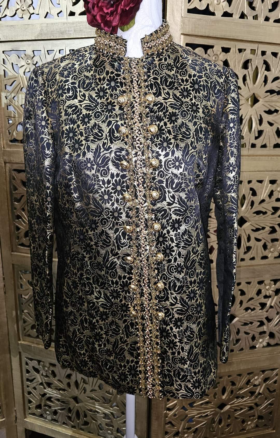OOAK 60s/70s Hand Tailored Black & Gold Brocade Blazer With Beaded Accents By Thakker Union Label