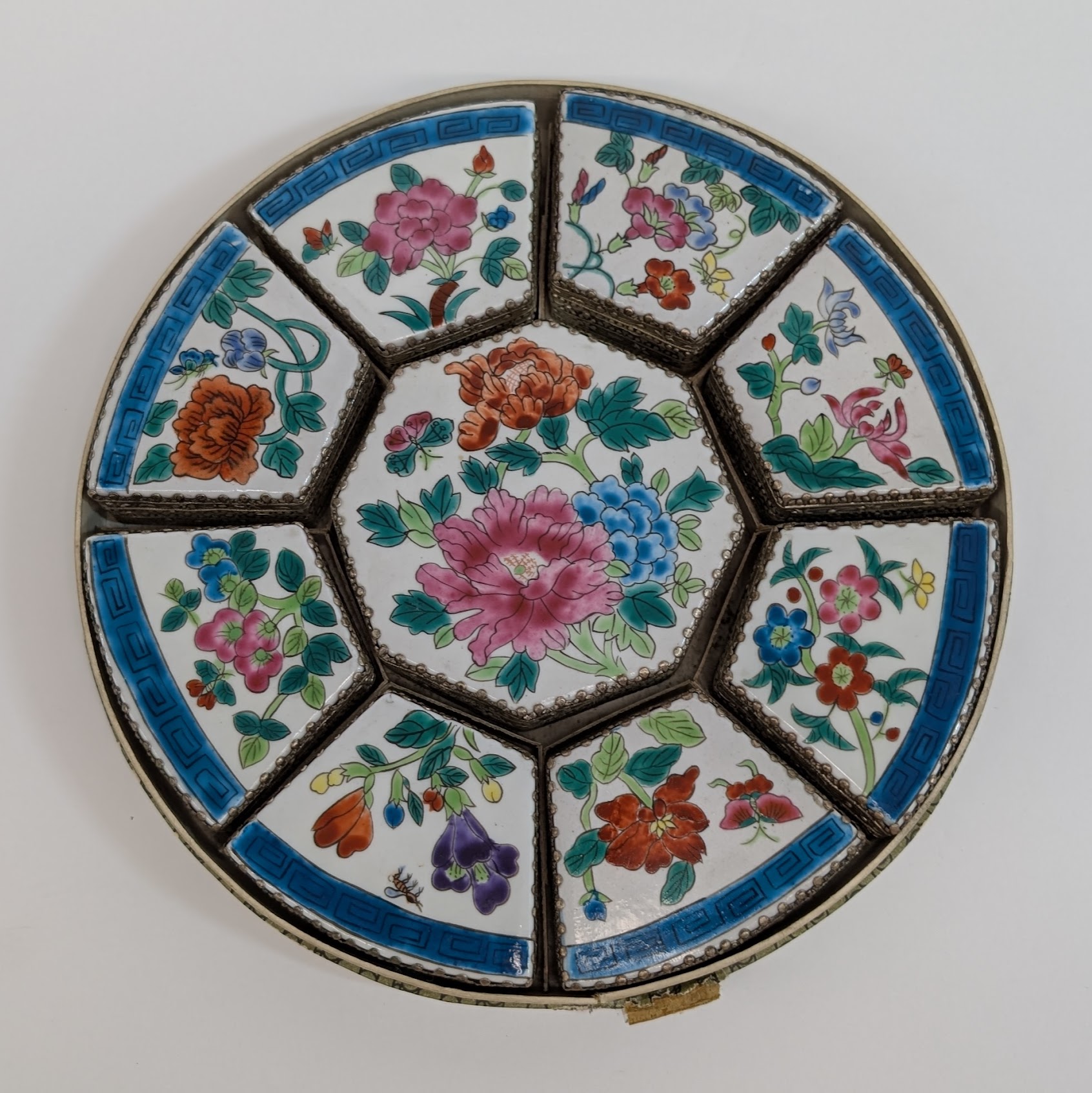 Vintage Set of 9 Porcelain Shard Trinket Boxes Floral & Insect with Mirrors