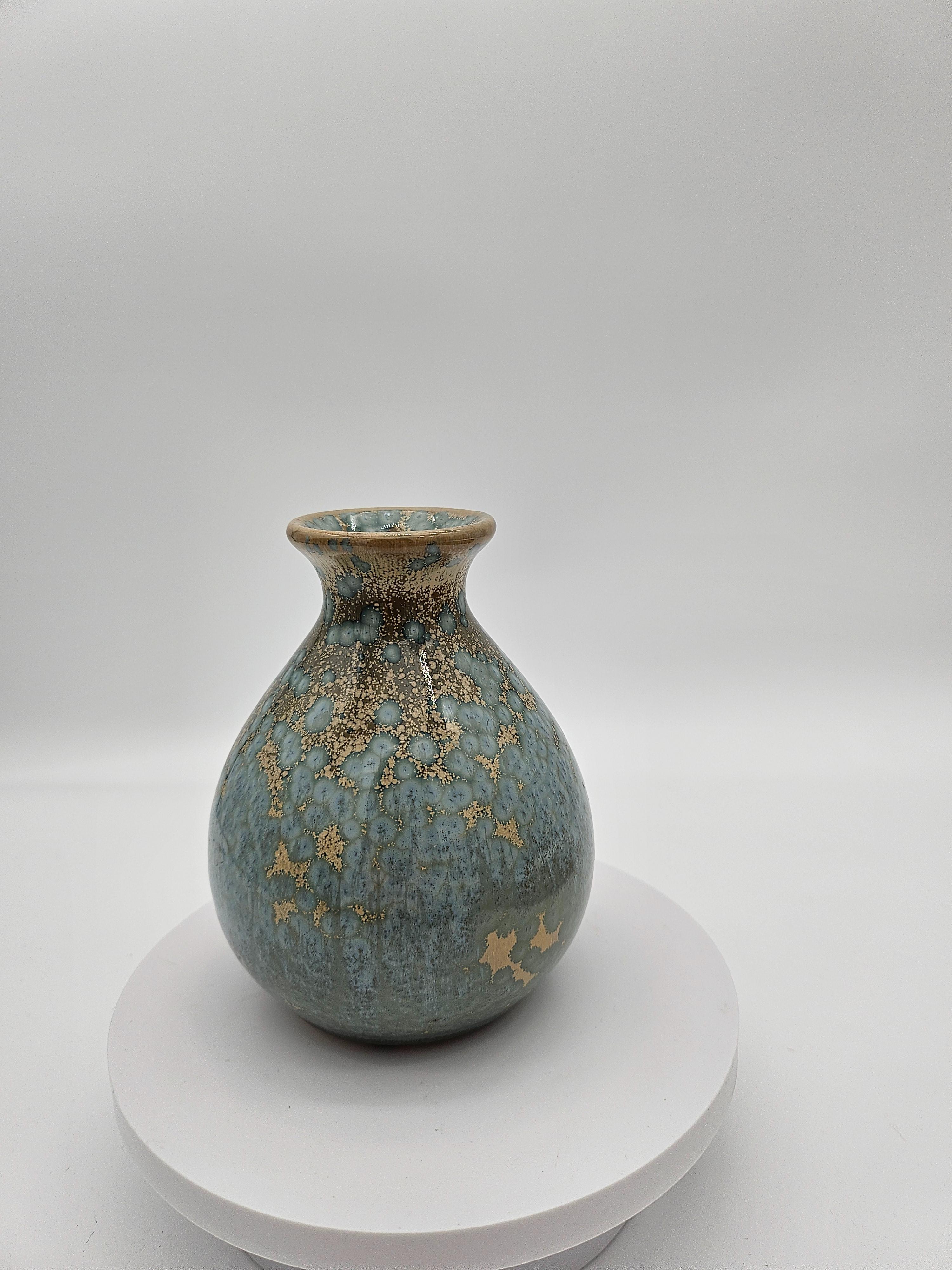 Studio Pottery Blue Tan Drip Glaze Vase Glossy Finish