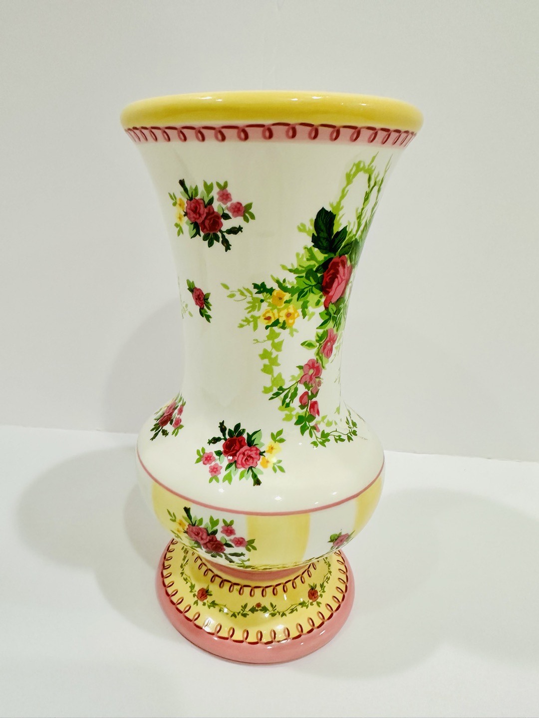 Laura Ashley Flower Vase Ftd Pink and Yellow 9 inches Shabby Chic
