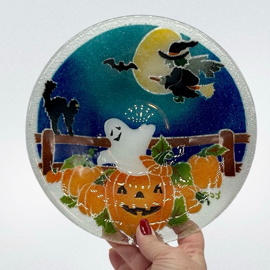 Halloween Fused Glass Dish w/ Witch, Ghost, Black Cat, Pumpkins, Moon ...