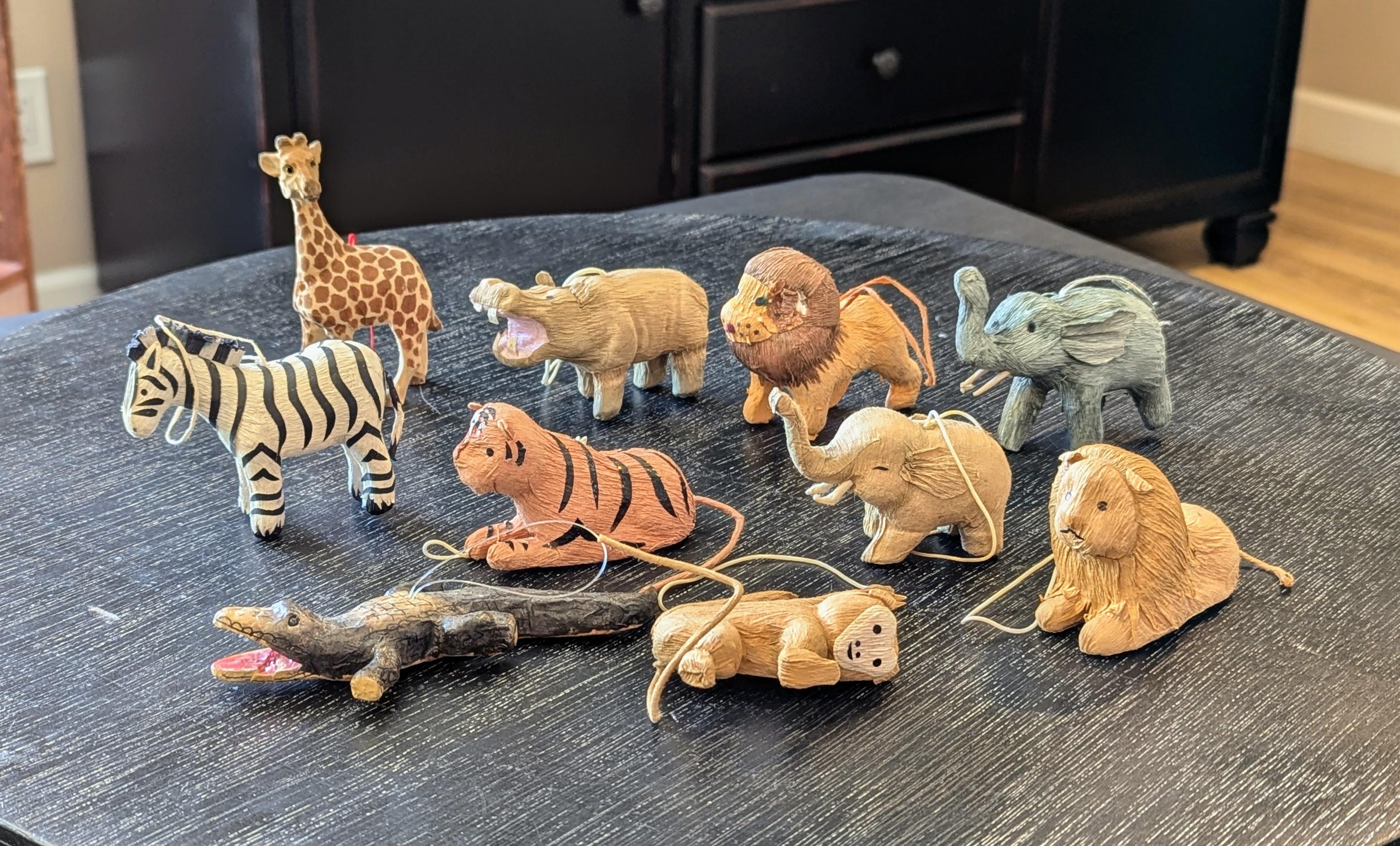 Set of 10 African Safari Jungle Animal Ornaments Paper Mache with ...
