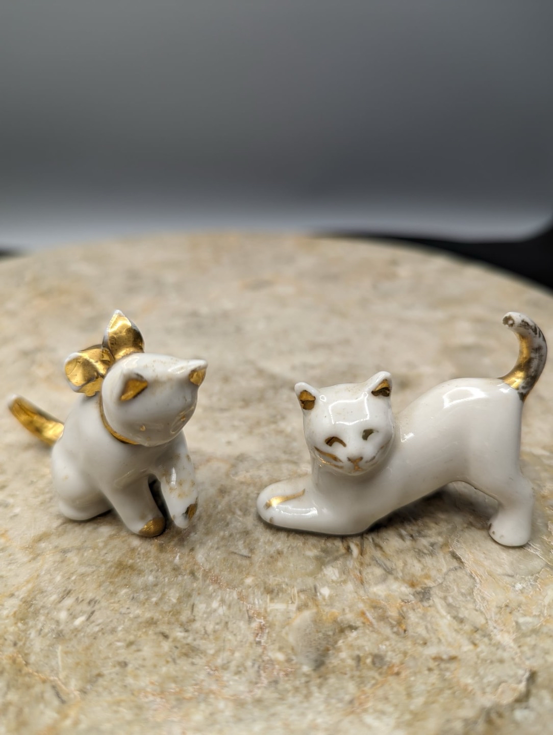 Vintage Miniature White With Gold Accents Porcelain 2 Cat Figurines