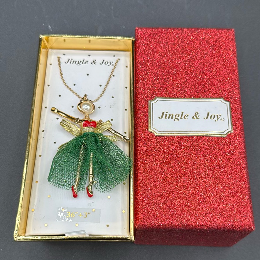 Jingle And Joy Ballerina Necklace Goldtone, Enamel And Faux Pearl