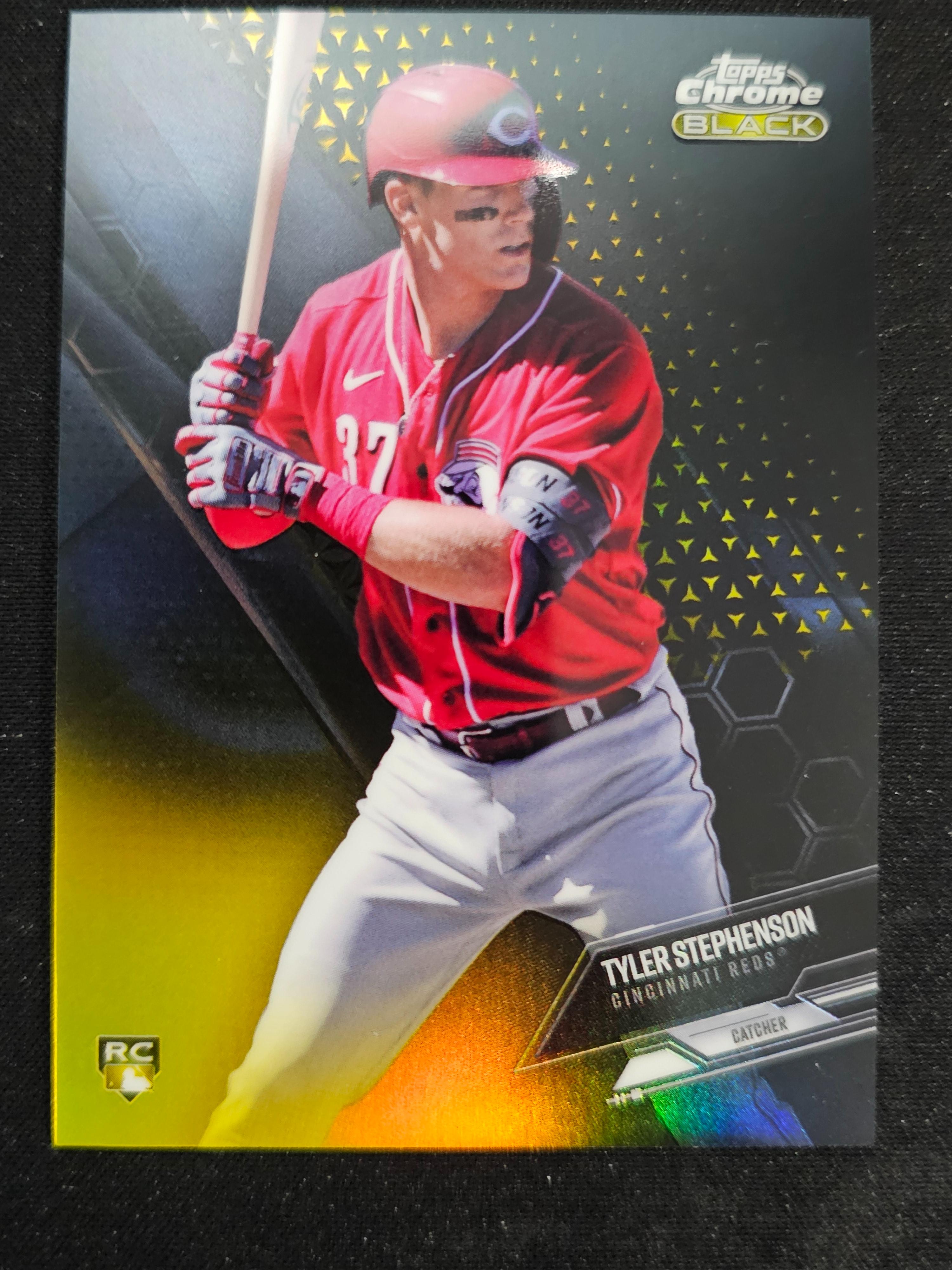  Tyler Stephenson 2021 Topps Chrome Black Gold Refractor Rookie Card 15/ Motiv 