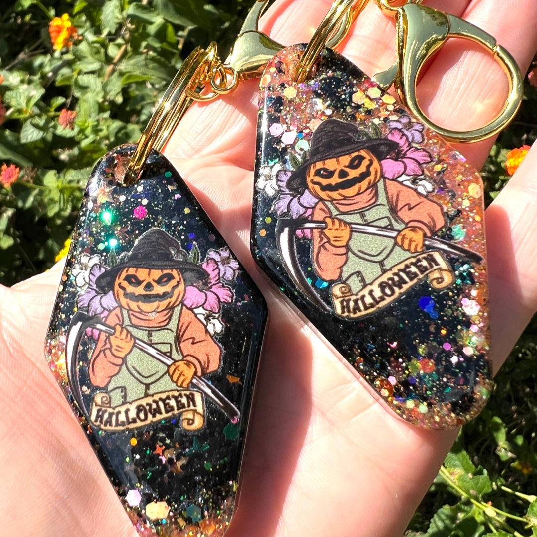 Pair Spooky Scarecrow Halloween 5” Keychains. Black & Orange Sparkling ...