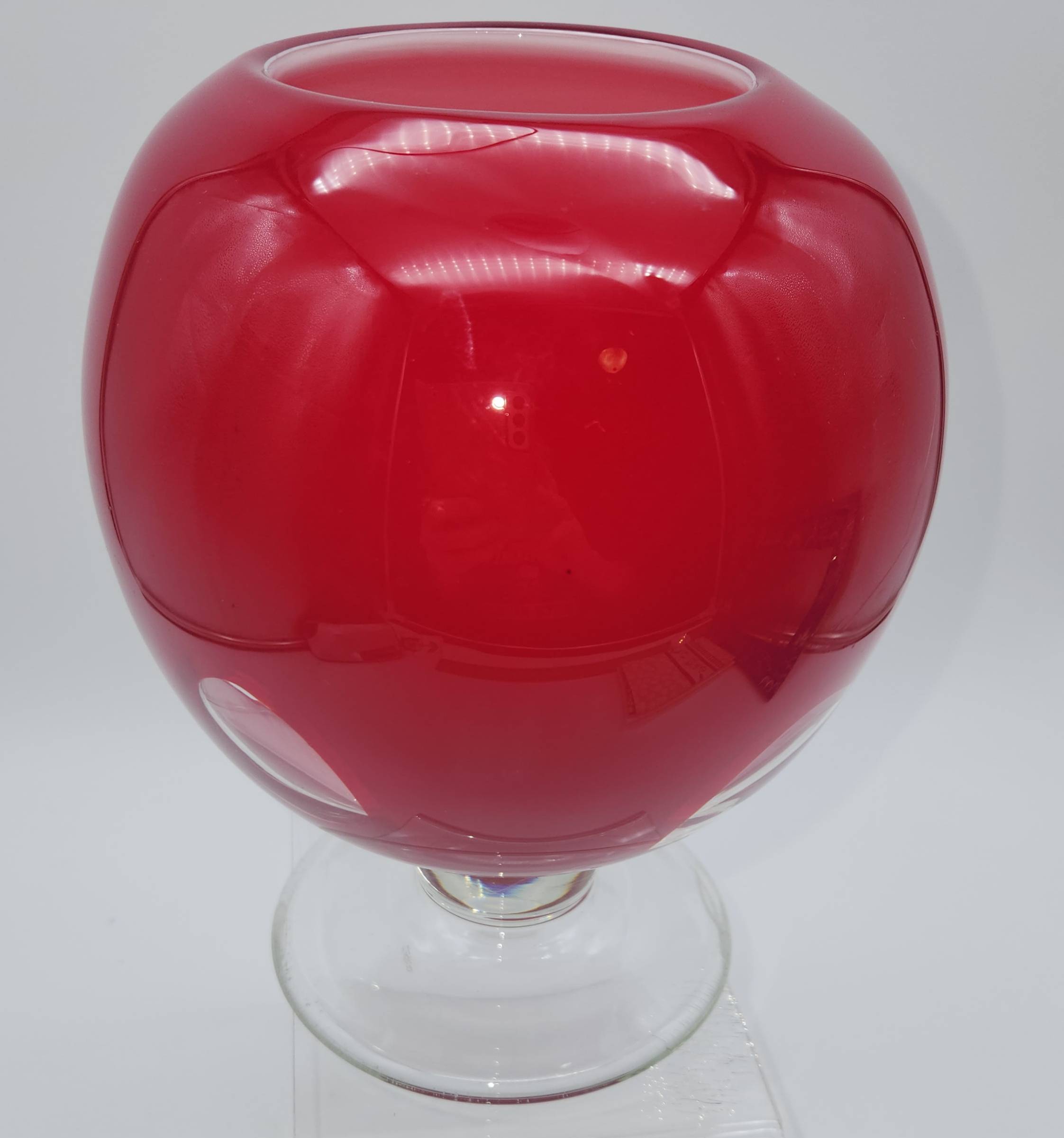 Art Glass Bubble Vase Cased Red Glass Cut to Clear with Clear Foot 8
