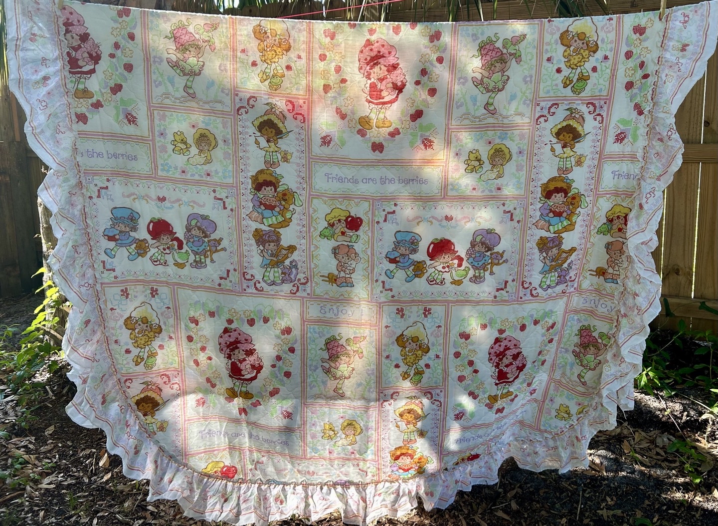 Vintage 80s Strawberry Shortcake Ruffle Comforter Bedspread With Bedskirt vintage-80s-strawberry-shortcake-ruffle-comforter-bedspread-with-bedskirt