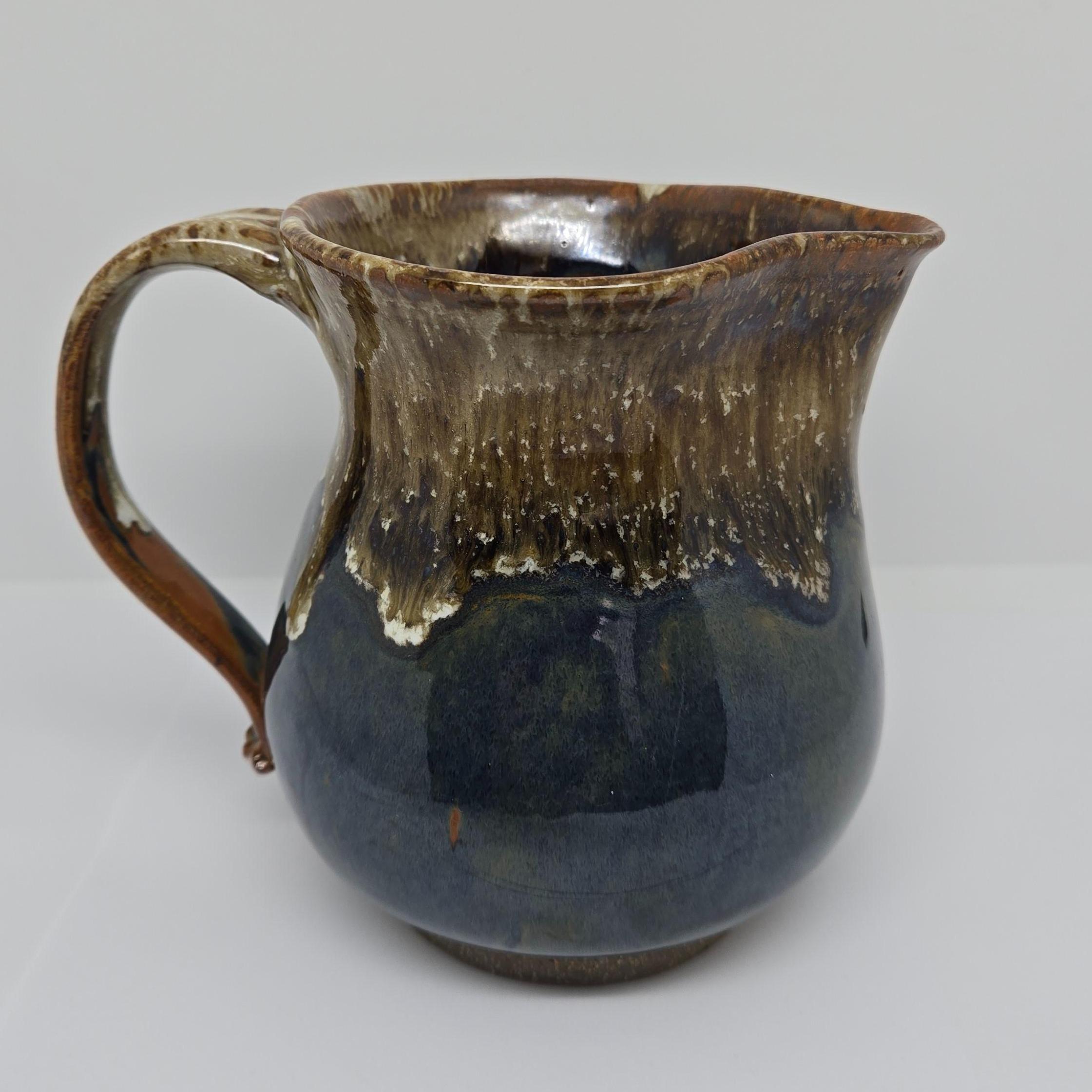 Jerry Reid Art Pottery Stoneware Pitcher, Drip Glaze, Blue and Brown ...