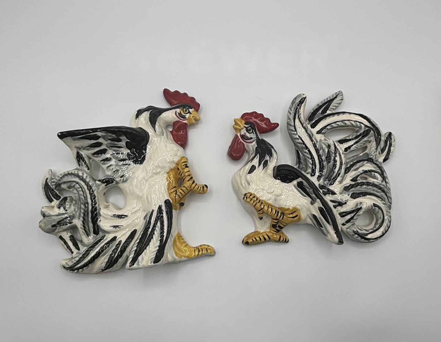 Vintage Glazed Ceramic Fighting Roosters Wall Hangings Japan Set Of 2
