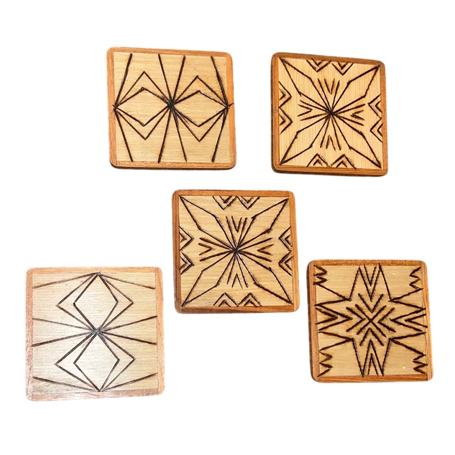 Midcentury Wooden Pyrography Coasters set of 5