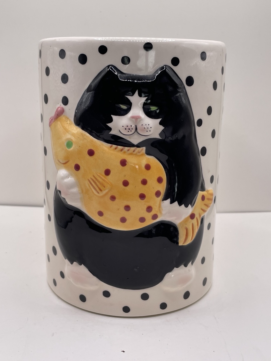 Vintage Clay Art 1990 Catfish Series Black Cat Ceramic Vase Utensil