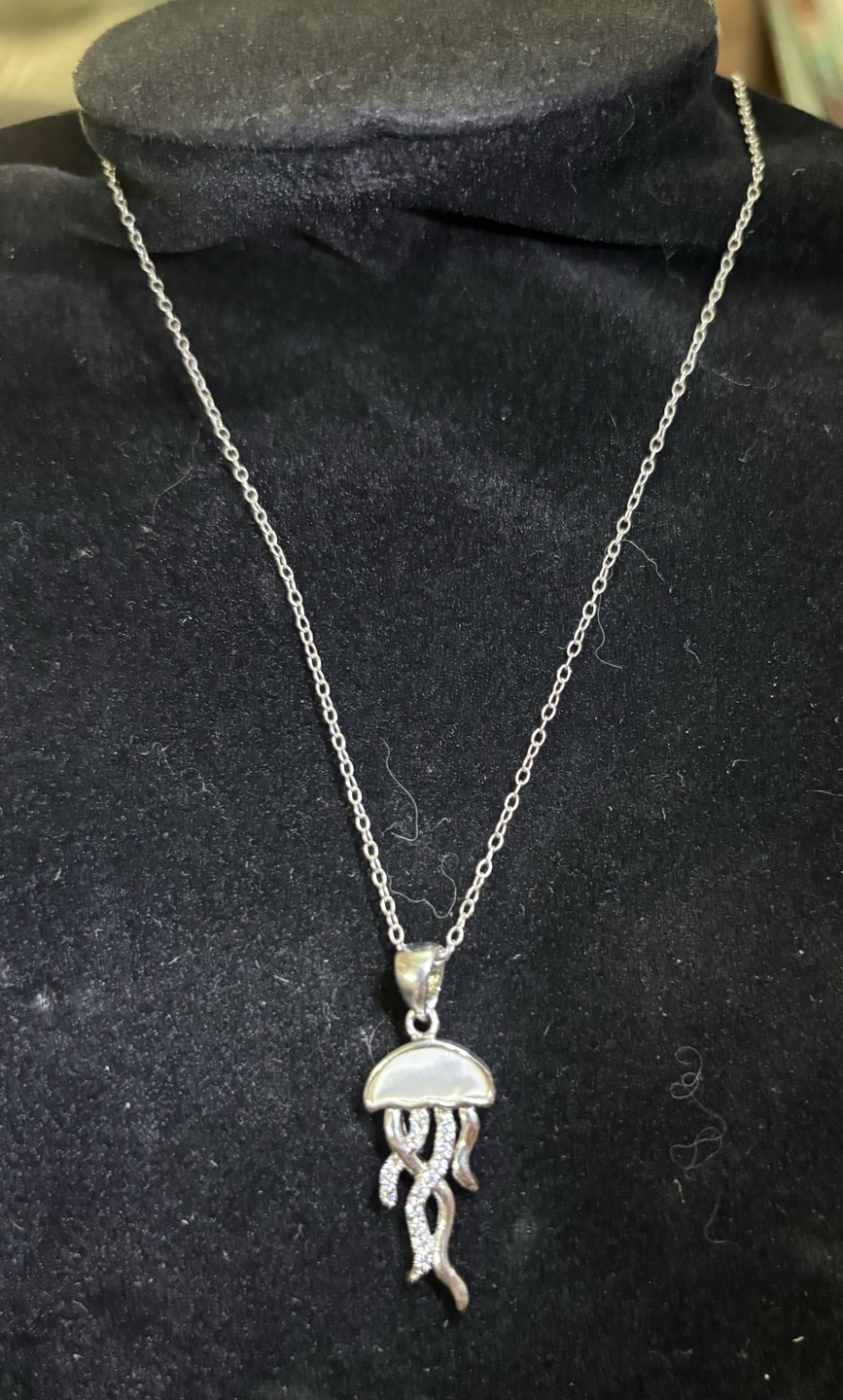 Silver tone Mother Of Pearl Inlay Jellyfish Pendant On Sterling Chain