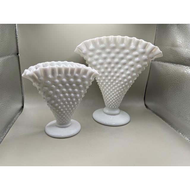 Pair of Vintage Fenton White Milk Glass Hobnail Vases ~ Fan Shape ...