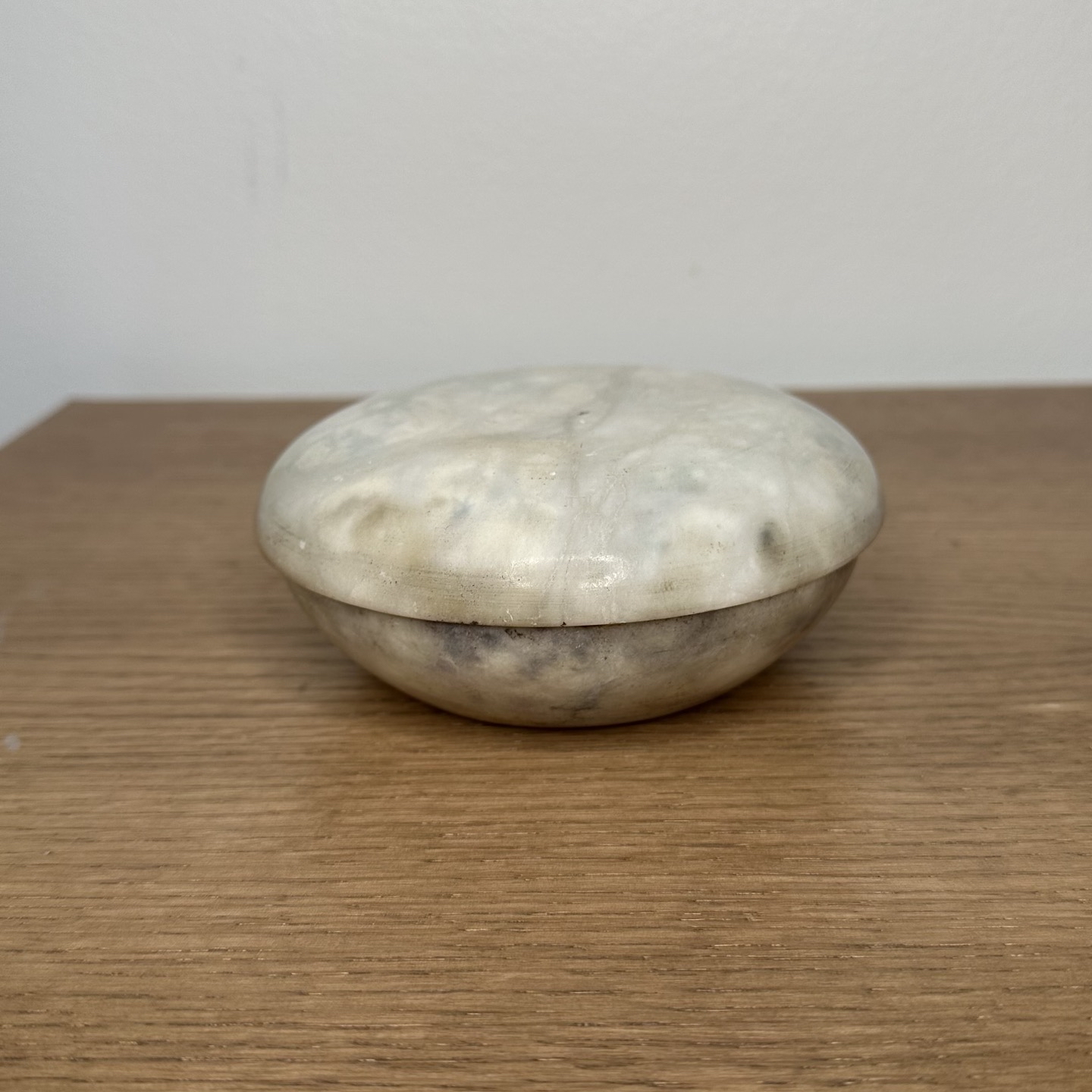 Alabaster Round Trinket Box Hand Carved - Signed
