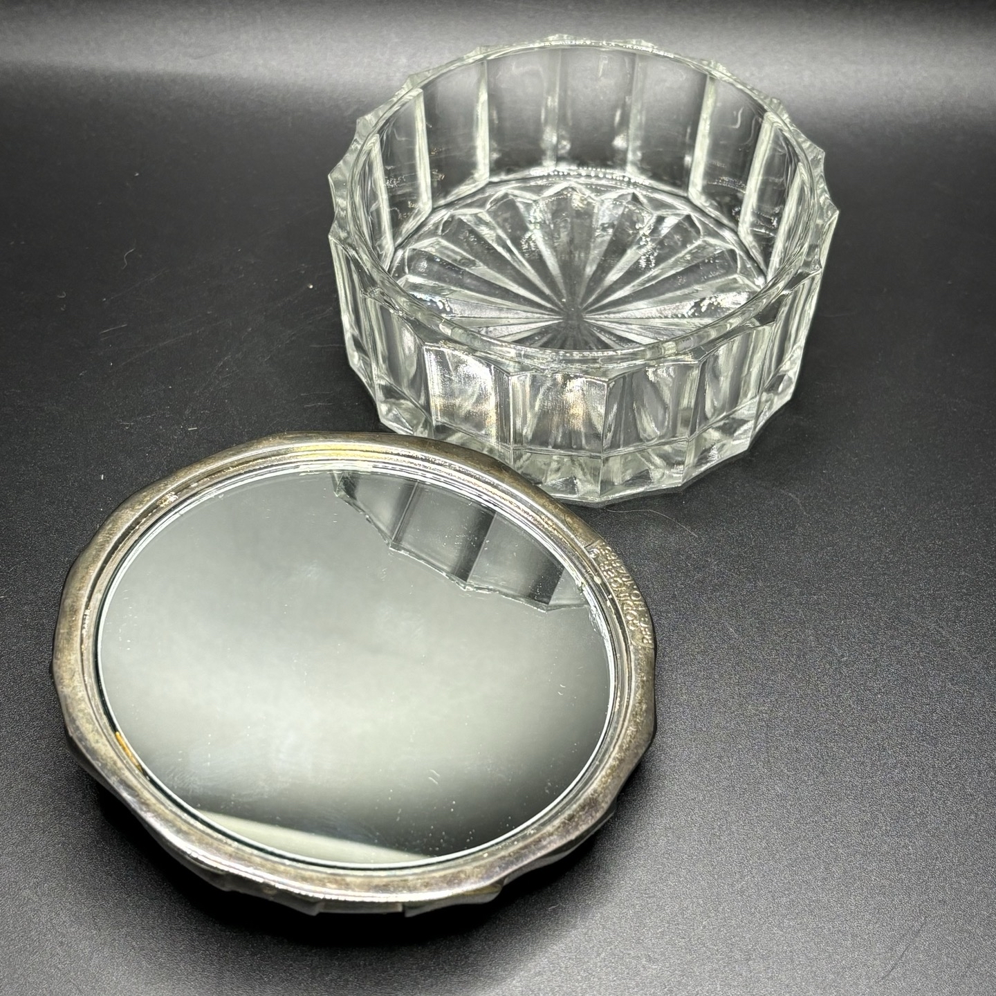 Vintage Godinger Glass Powder Dish With Silver Toned Bow Lid And