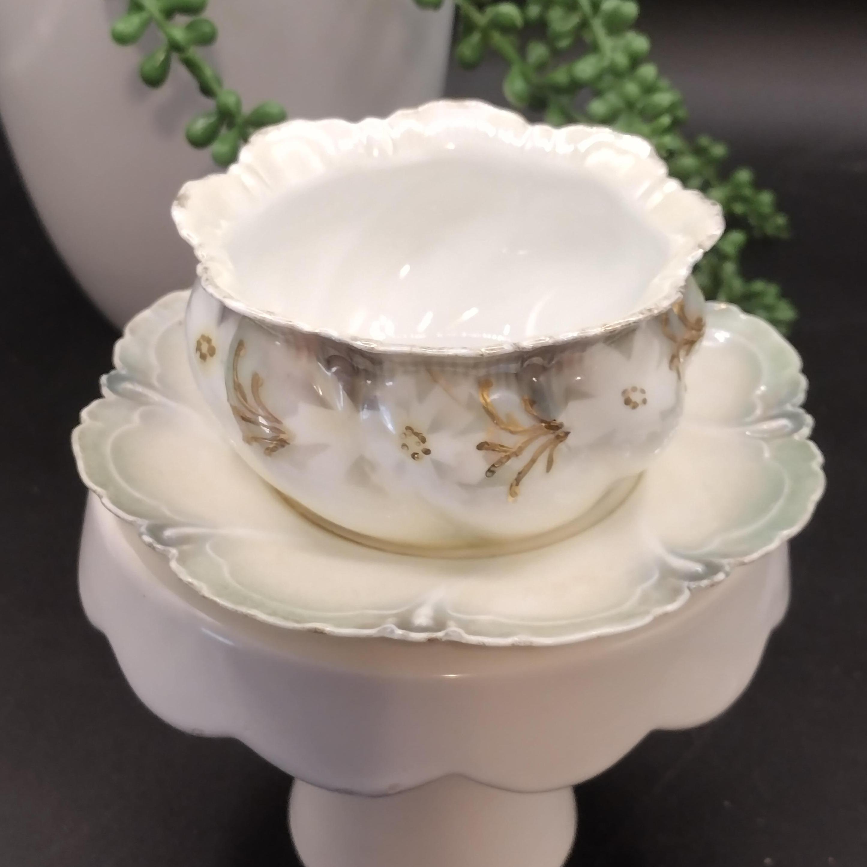 Gold Rim Ramekin Antique RS Prussian Ramekin & Underplate Surreal Dogwood Green White Gold