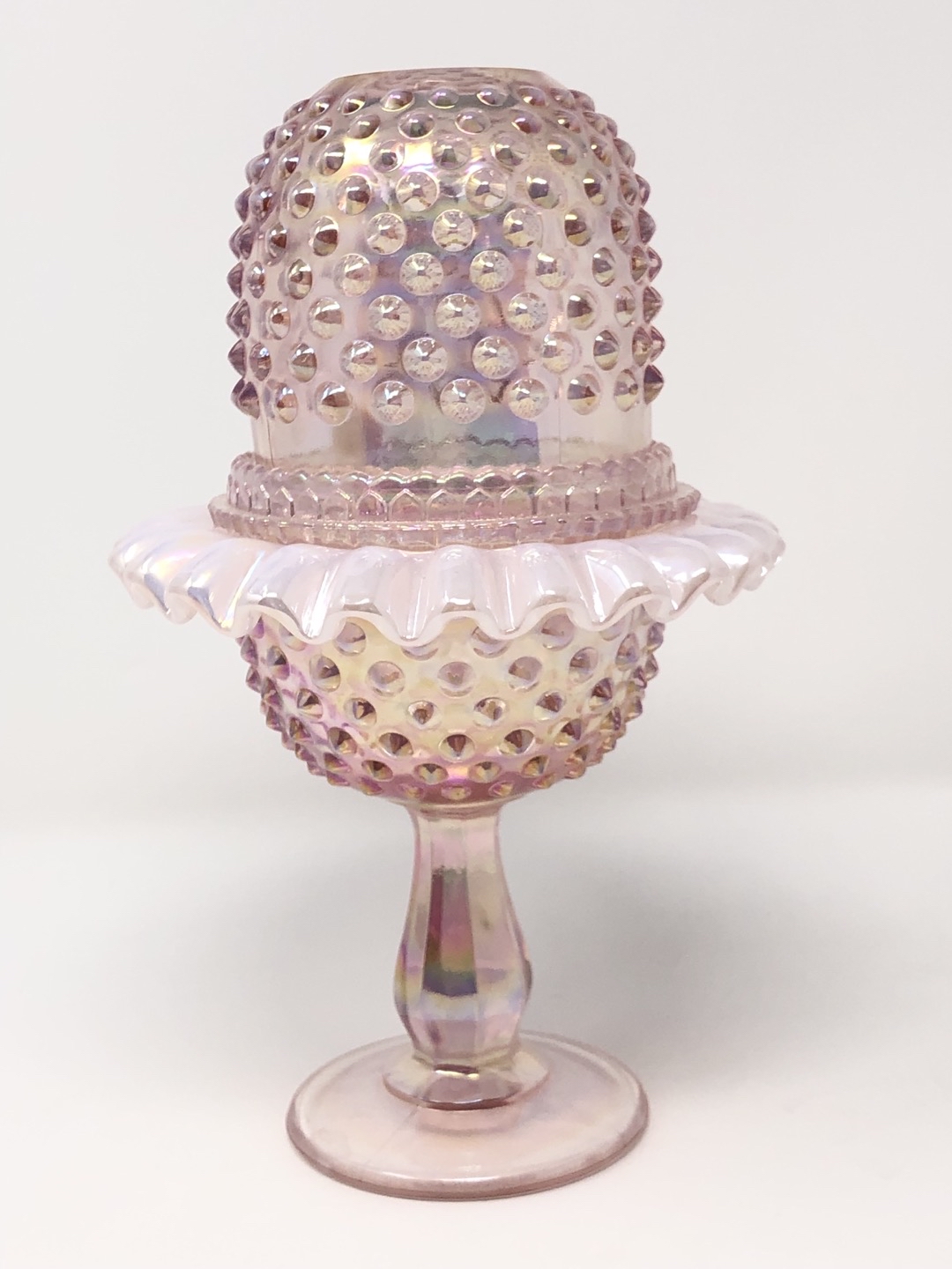 Fenton 95th Anniversary Fairy Lamp Pink Iridescent Hobnail 3-Piece
