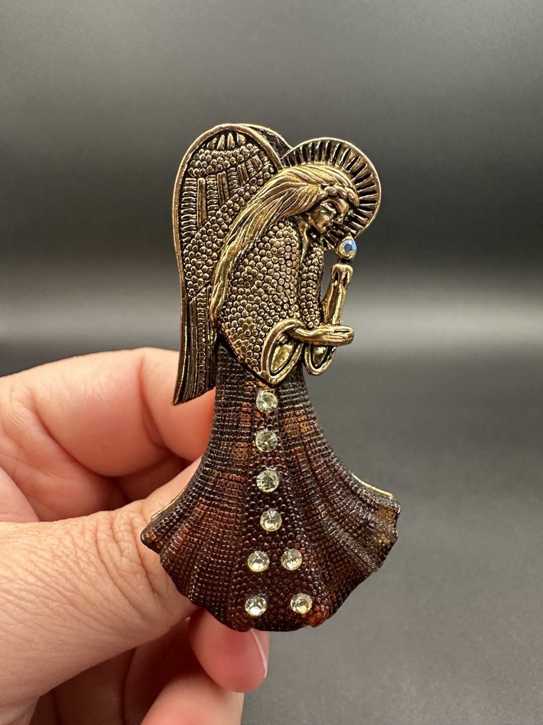 Brass Toned Angel Brooch With Crystal Tipped Candle & Rhinestone Accents