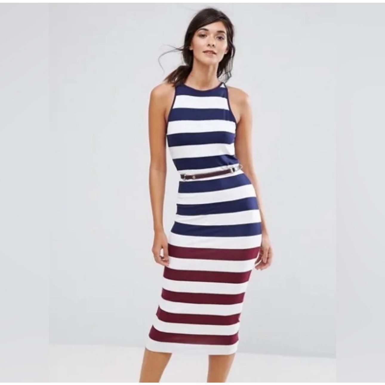 ted baker blue and white striped dress Ted Baker Womens Fit & Flare Striped Dark Blue Sleeveless Long Dress Size 5
