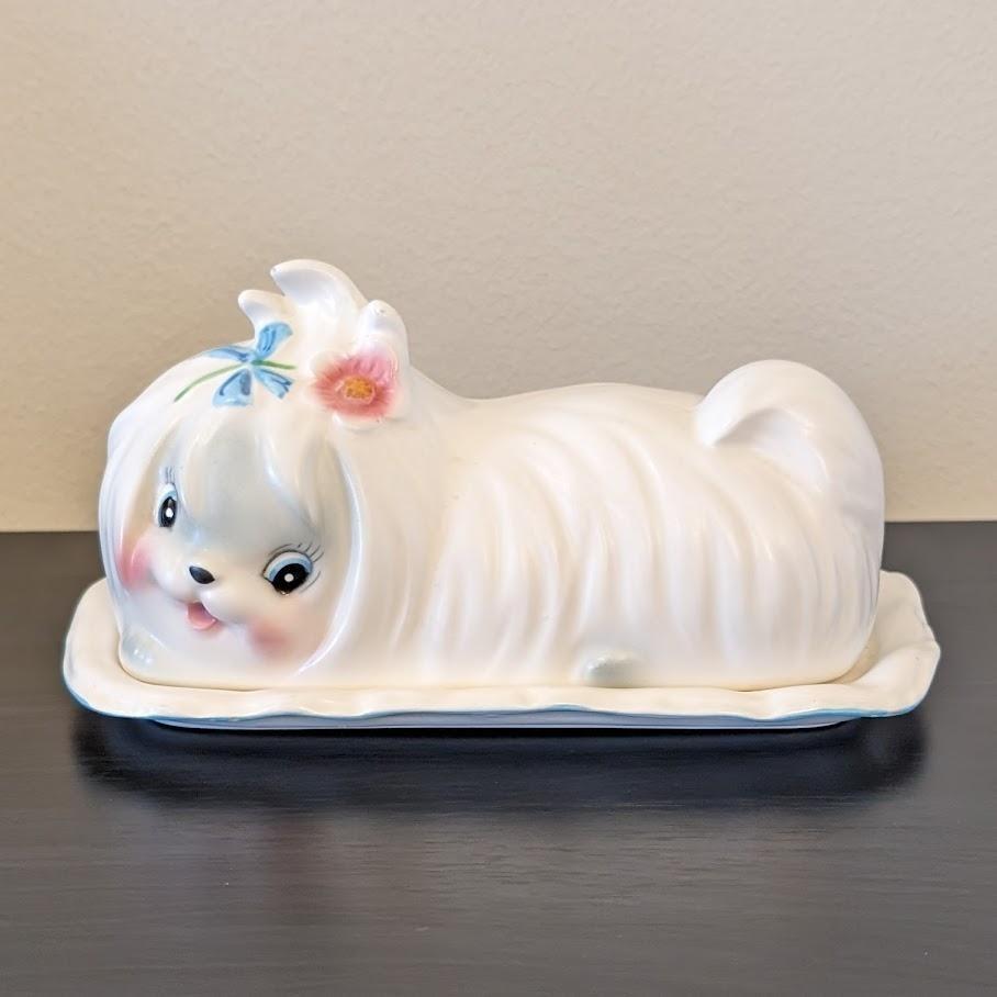 Vintage Lefton Mr Toodles Maltese Dog Butter Dish Kitschy