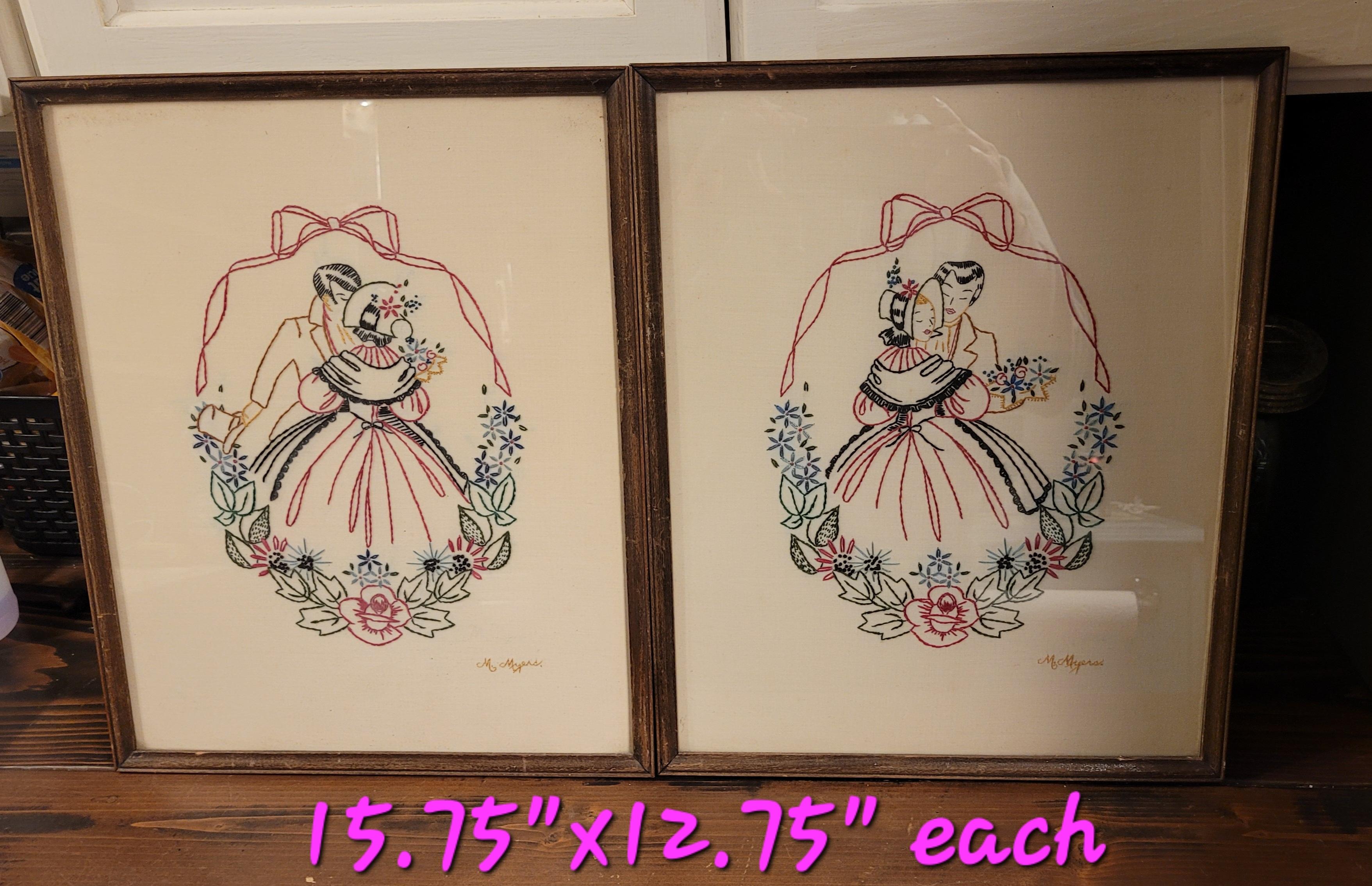 Vintage Embroidered Couple Framed Wall Art Set "The Kiss"