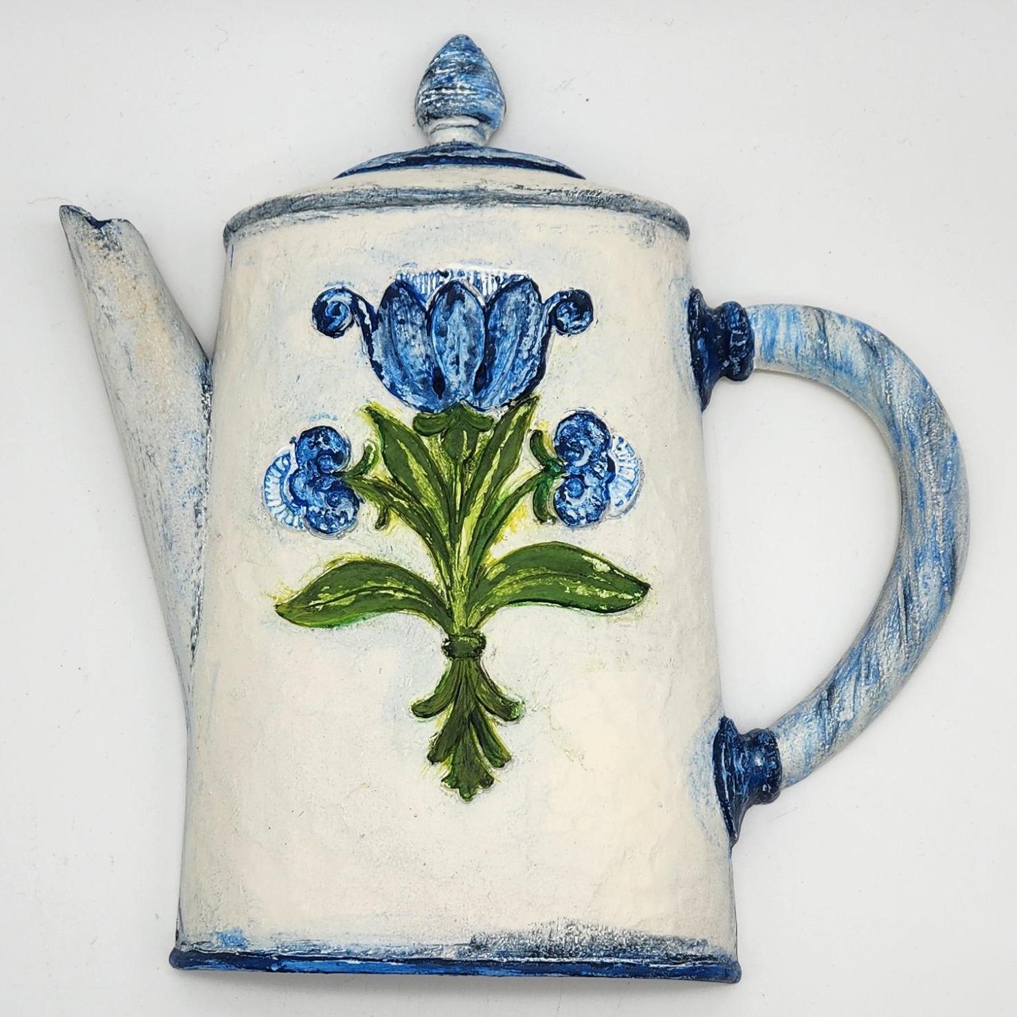 1995 Plastic Coffee Pot Wall Decor Home Interiors Repainted by ME! Blue Cottage Core Flower Design