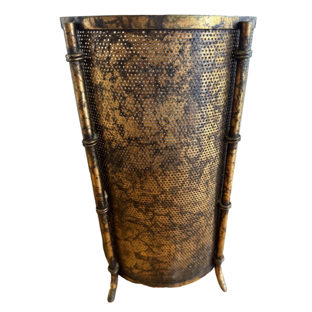 Mid 20th Century Brass Mesh Metal Umbrella Stand/Wastebasket With Bamboo Legs