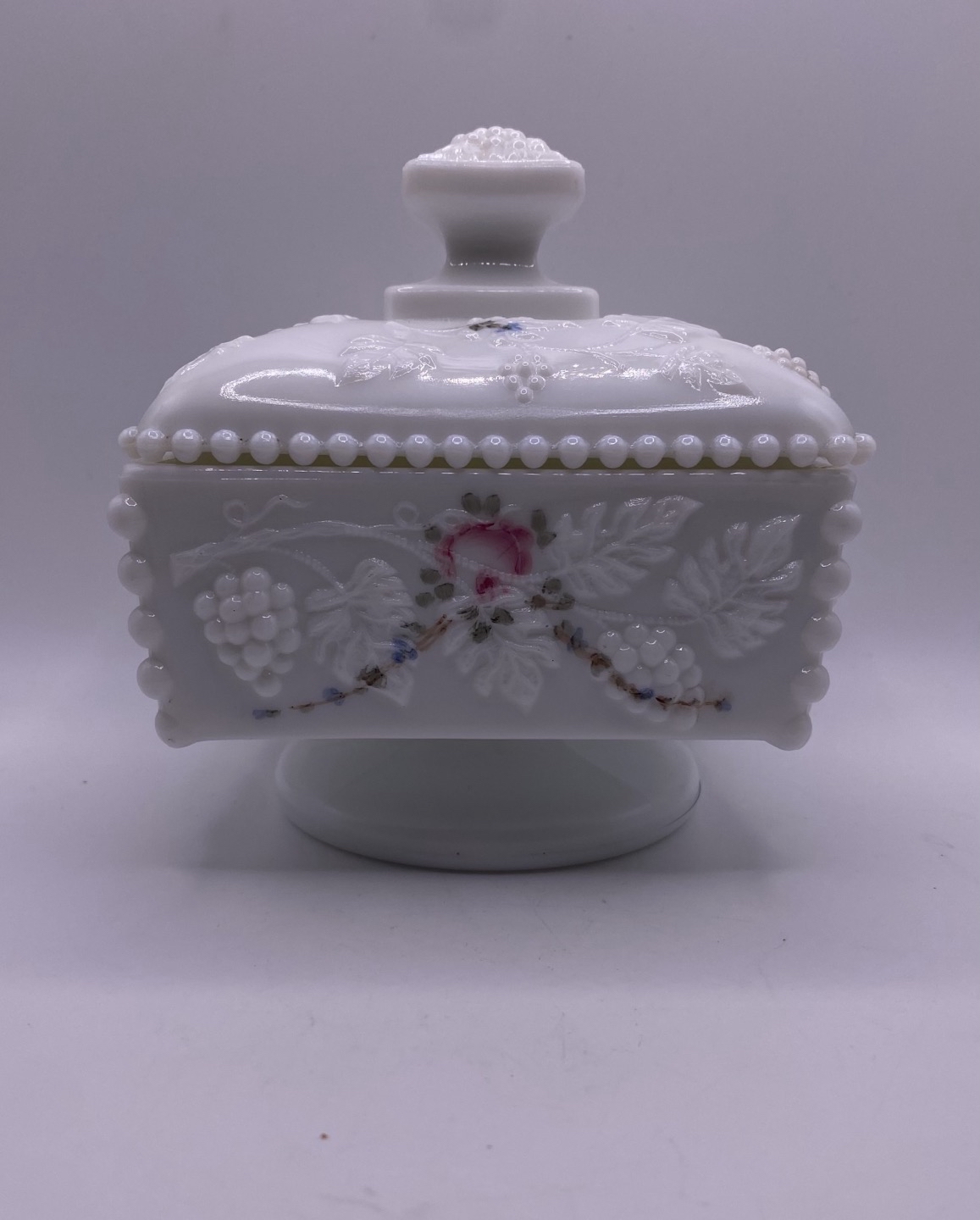 135. Vintage Westmoreland Hand Painted Pedestal Milk Glass Wedding Cake