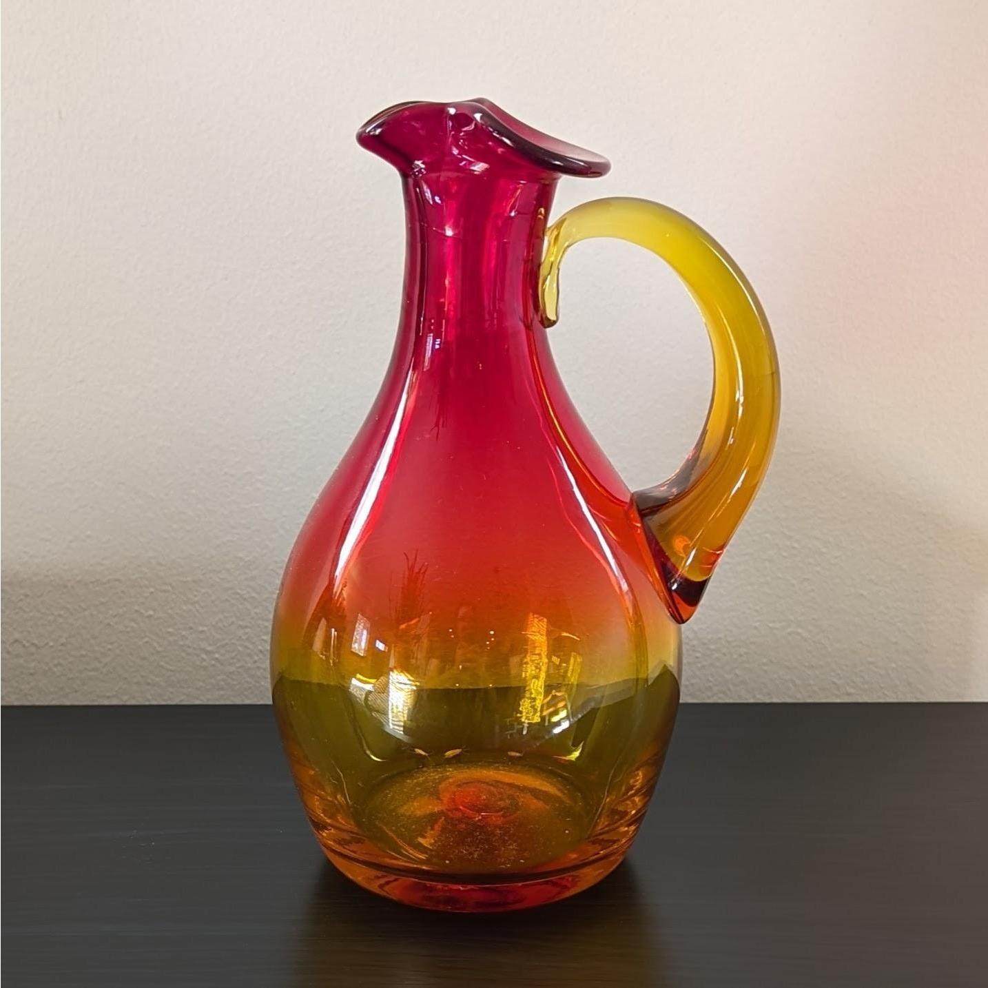 Vintage Blenko Glass Cruet Pitcher Catalog 7523 in Tangerine UV Glow