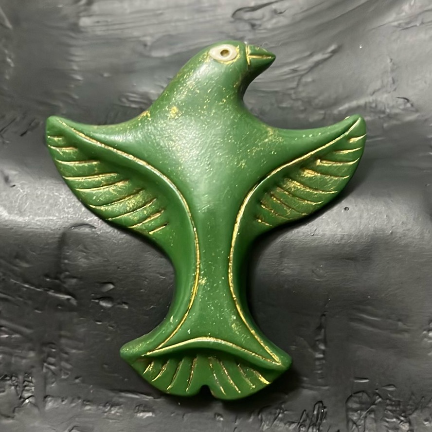 Carved Wood Green Painted Pin Brooch 2.25” Aztec Native American Look