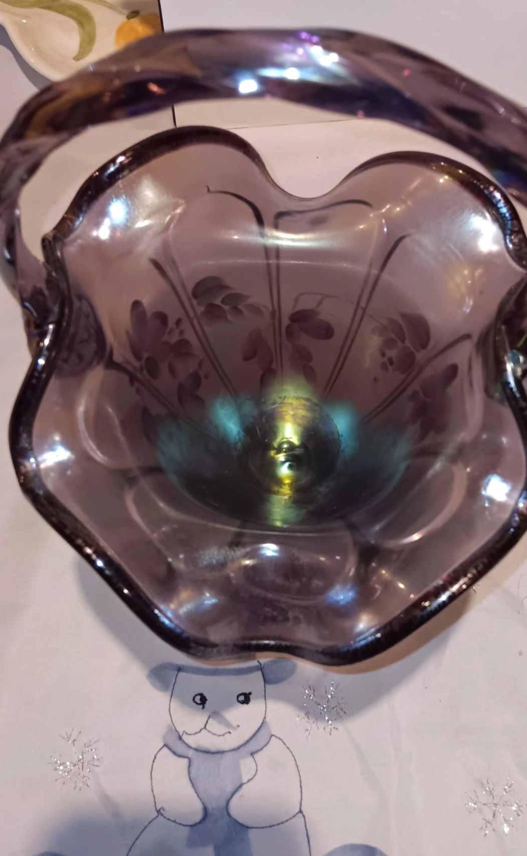 Signed Fenton Glass 75th Anniversary Plum Iridescent Wisteria Basket