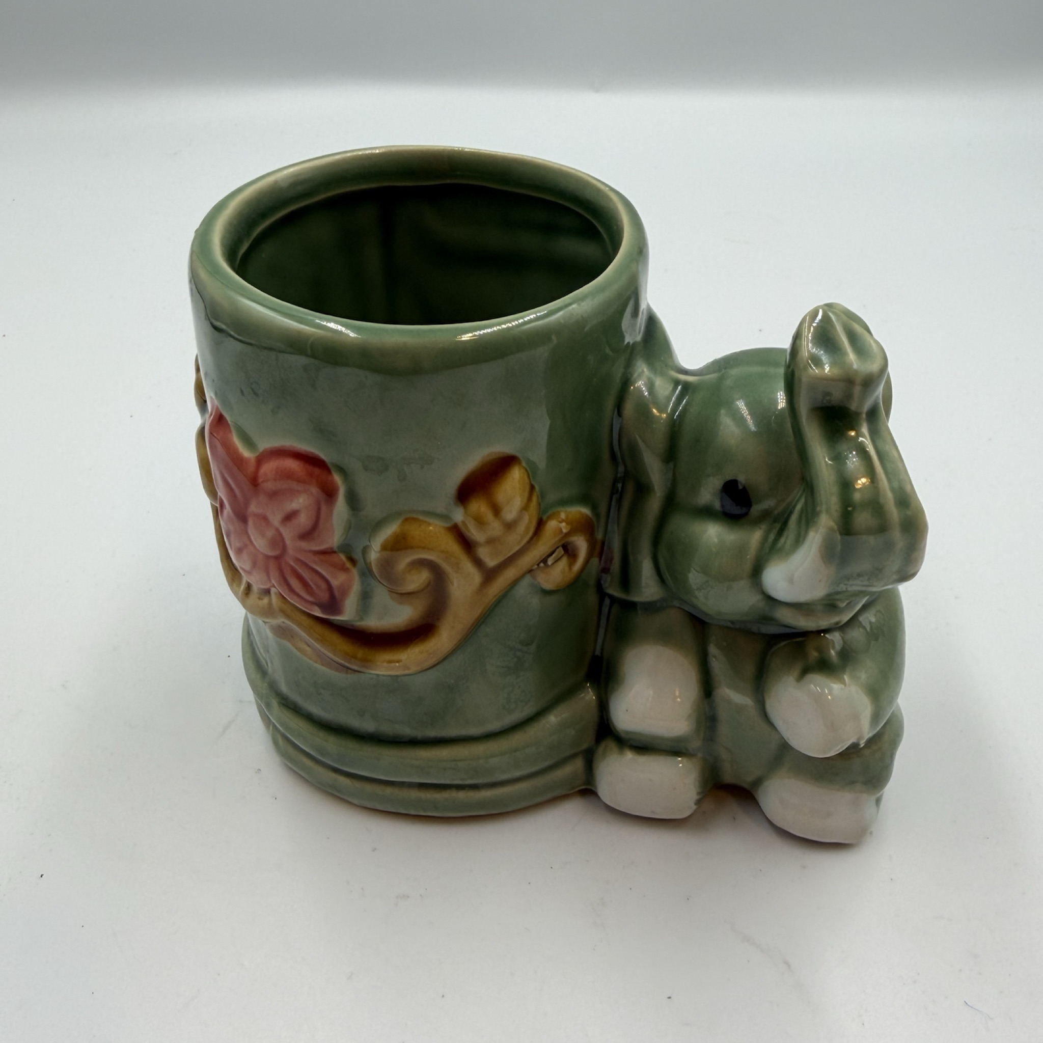Vintage Majolica Lucky Elephant Green Ceramic Bamboo Planter Vase
