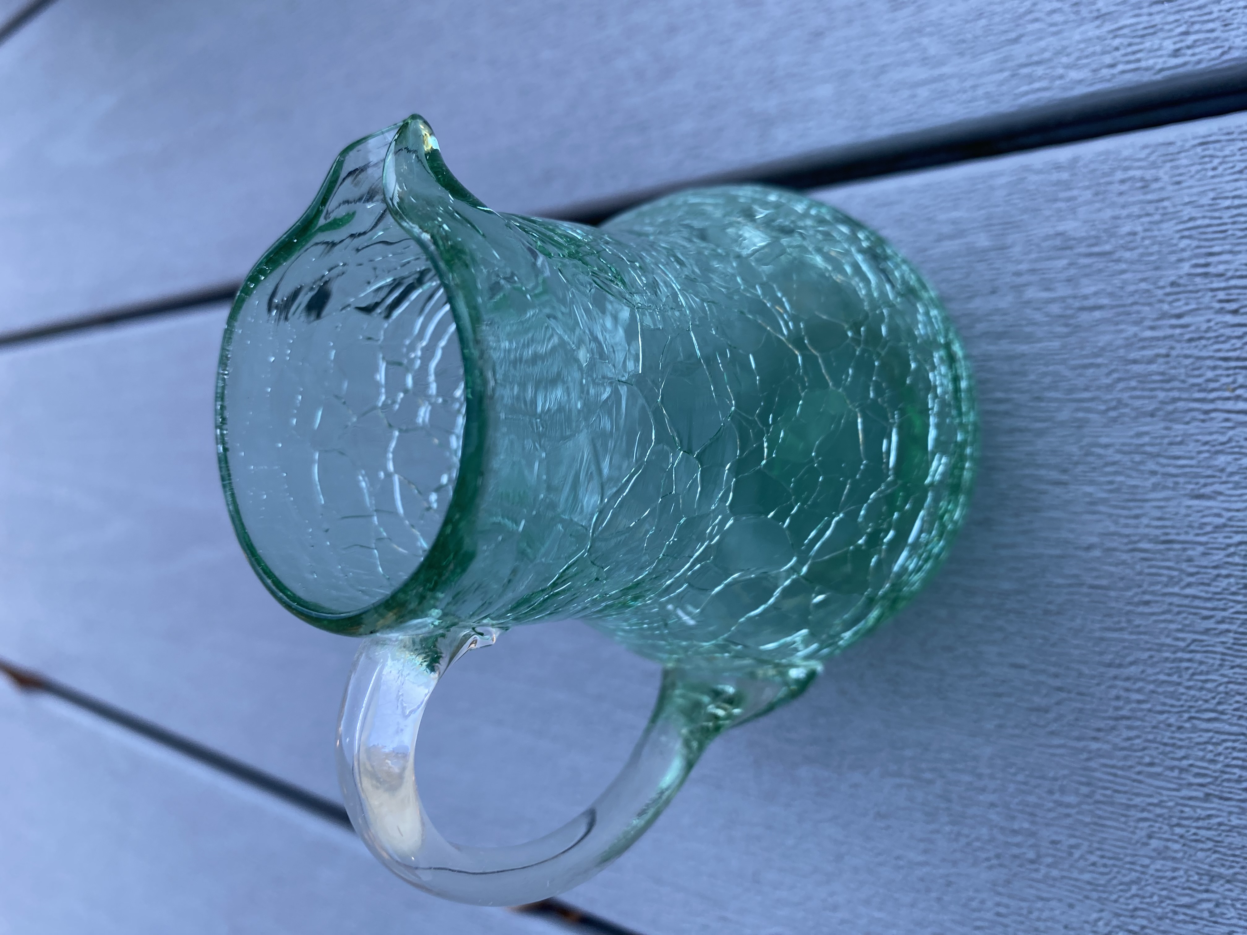 VINTAGE BLENKO MINIATURE GREEN CRACKLE GLASS PITCHER WITH CLEAR HANDLE