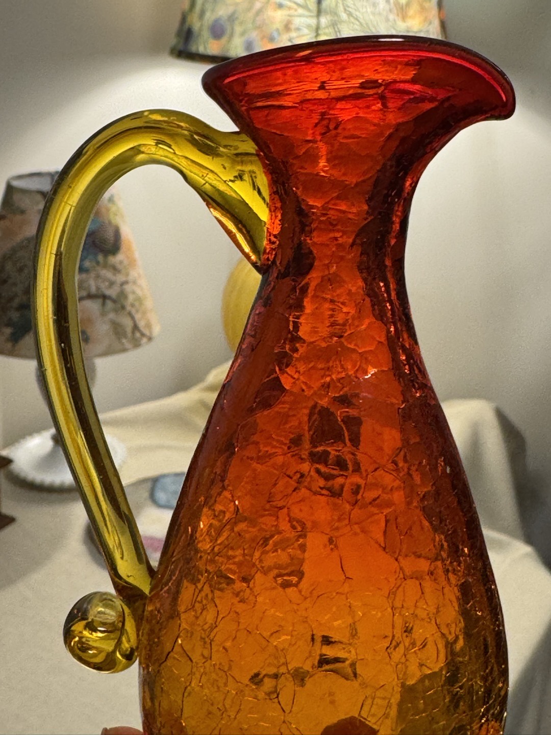 Vintage 5” tall Blenko crackle art glass pitcher, amberina
